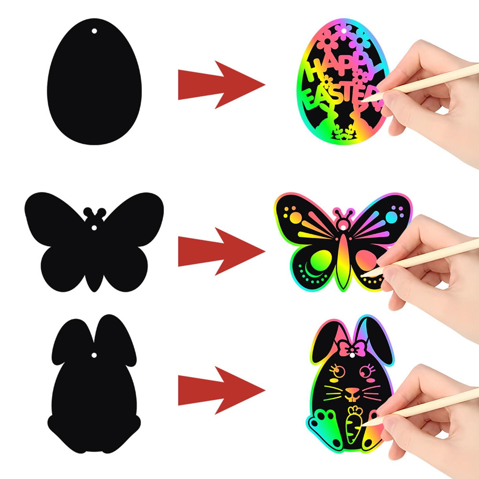 24Pcs Easter Scratch Paper Set Hanging Drawing Toys Gifts Decor Party Favors