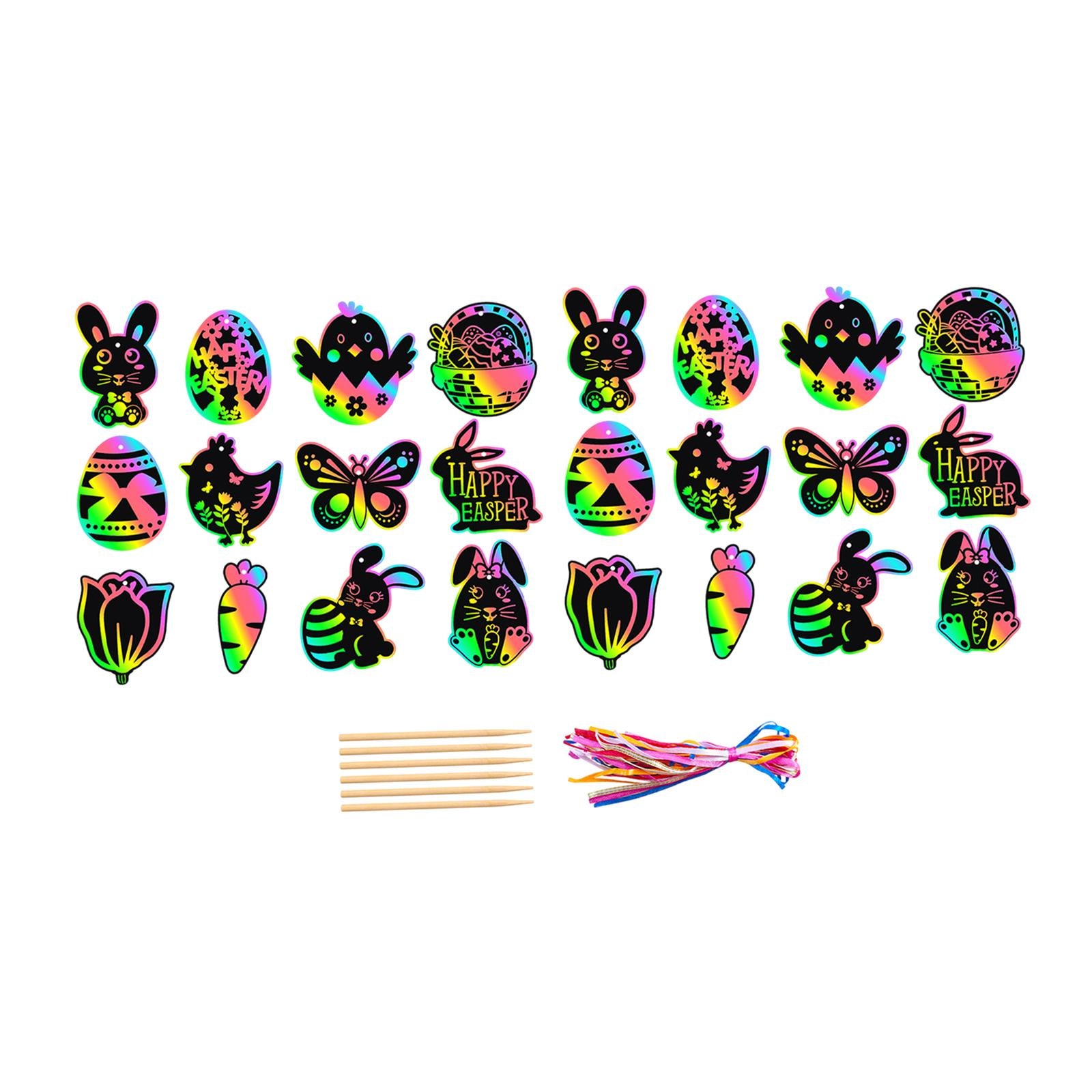 24Pcs Easter Scratch Paper Set Hanging Drawing Toys Gifts Decor Party Favors