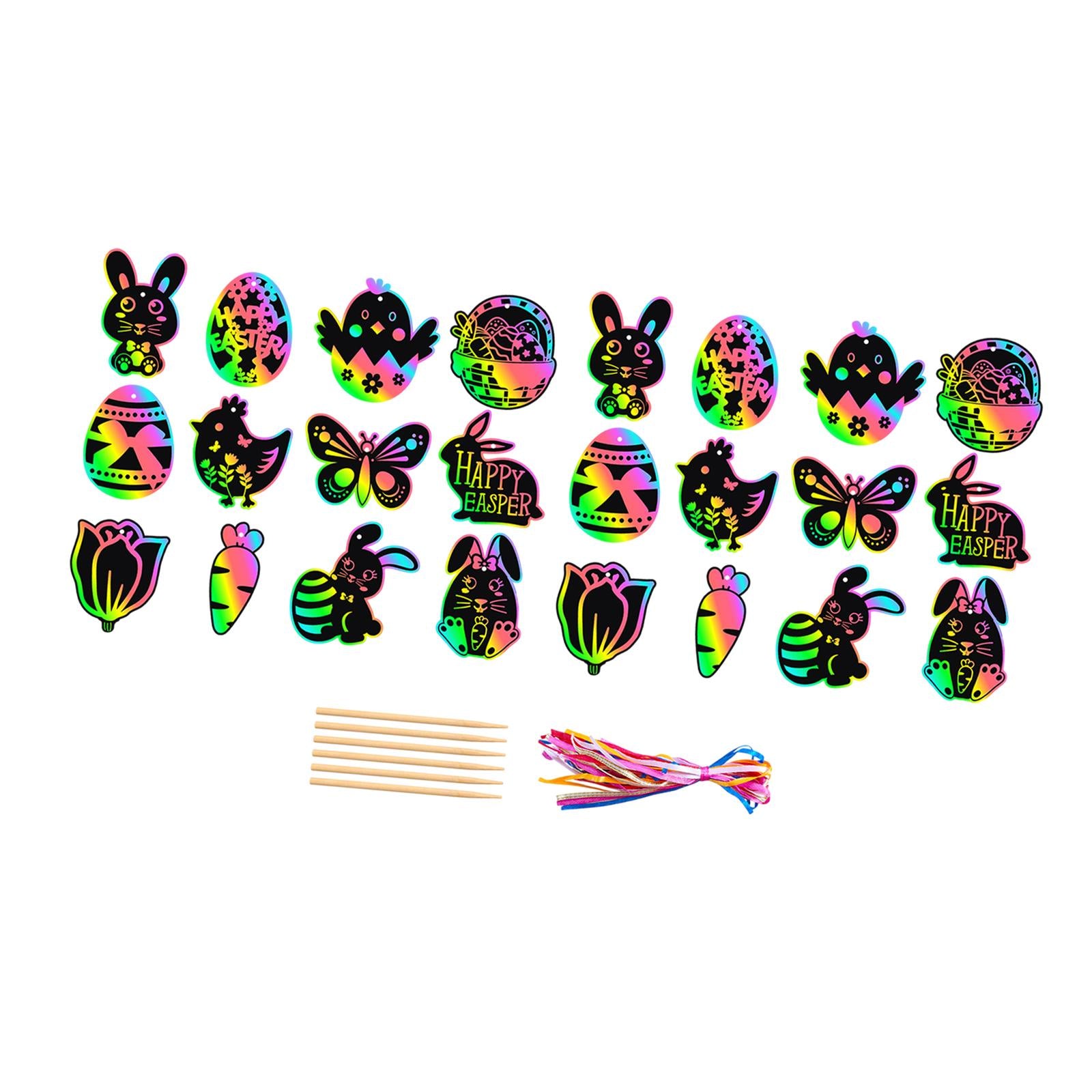 24Pcs Easter Scratch Paper Set Hanging Drawing Toys Gifts Decor Party Favors