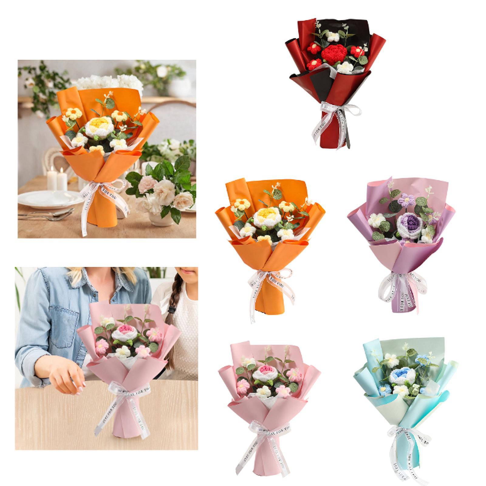 Completed Crochet Flower Bouquet Gift Mum Handmade Knitted Artificial Flower Red