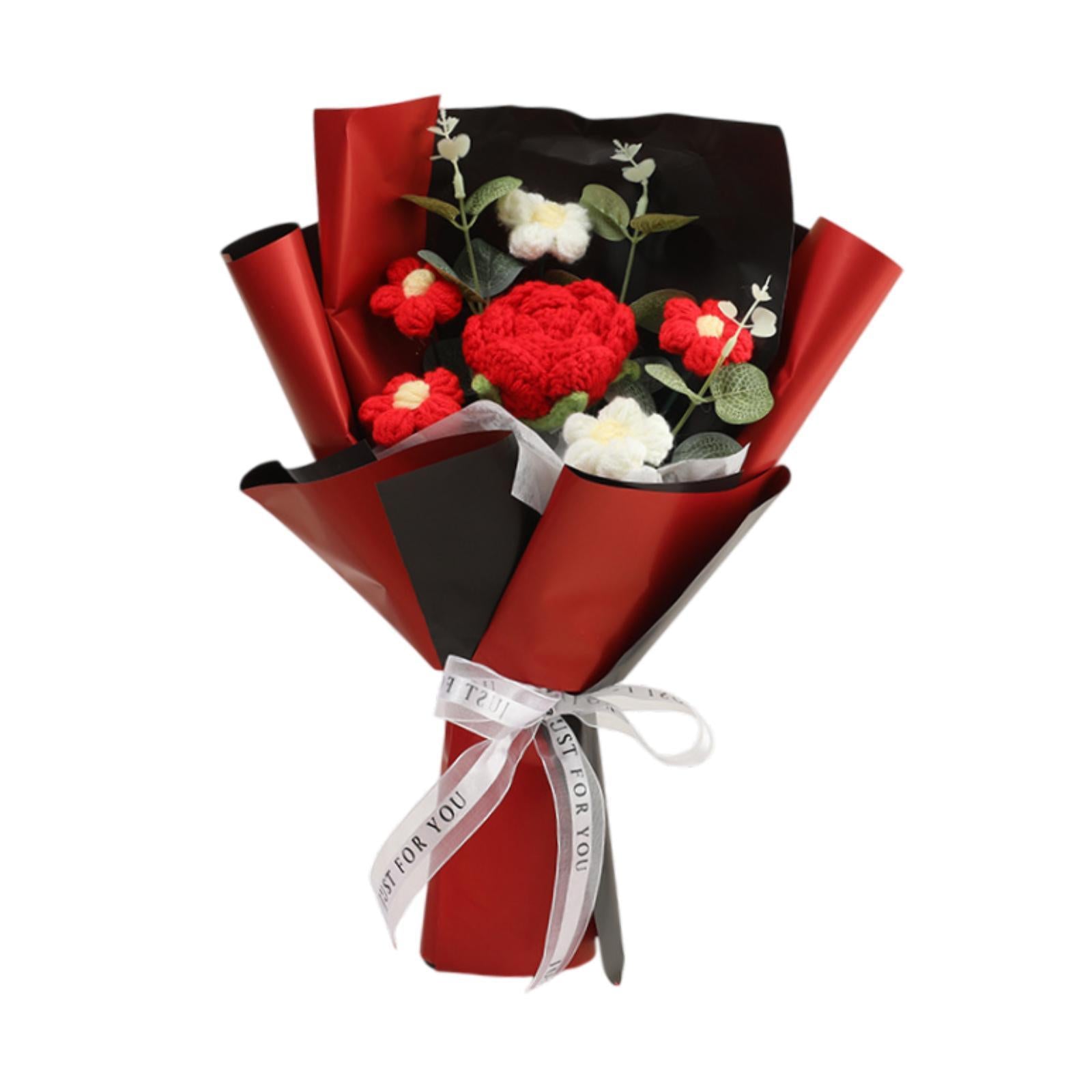 Completed Crochet Flower Bouquet Gift Mum Handmade Knitted Artificial Flower Red