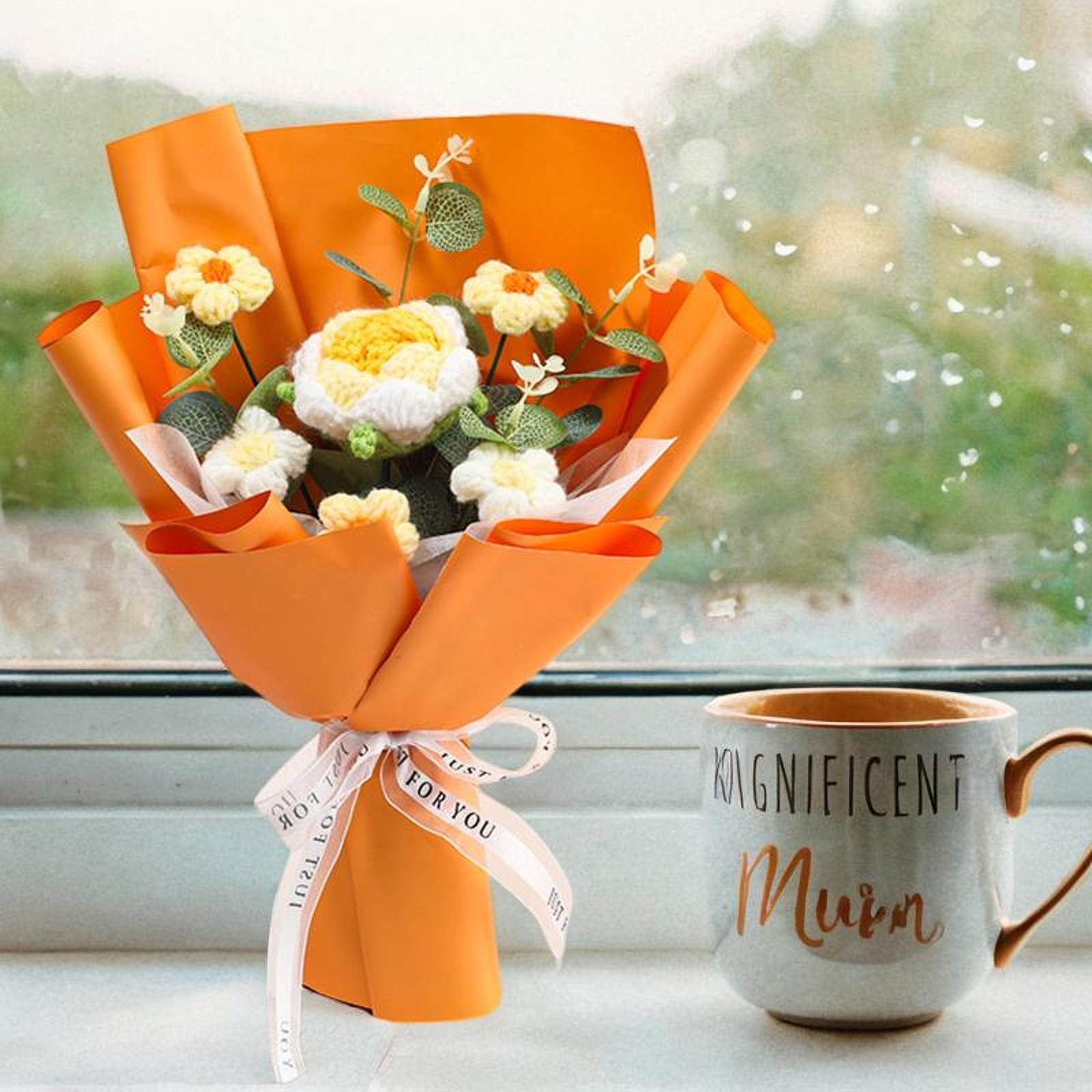 Completed Crochet Flower Bouquet Gift Mum Handmade Knitted Artificial Flower Yellow