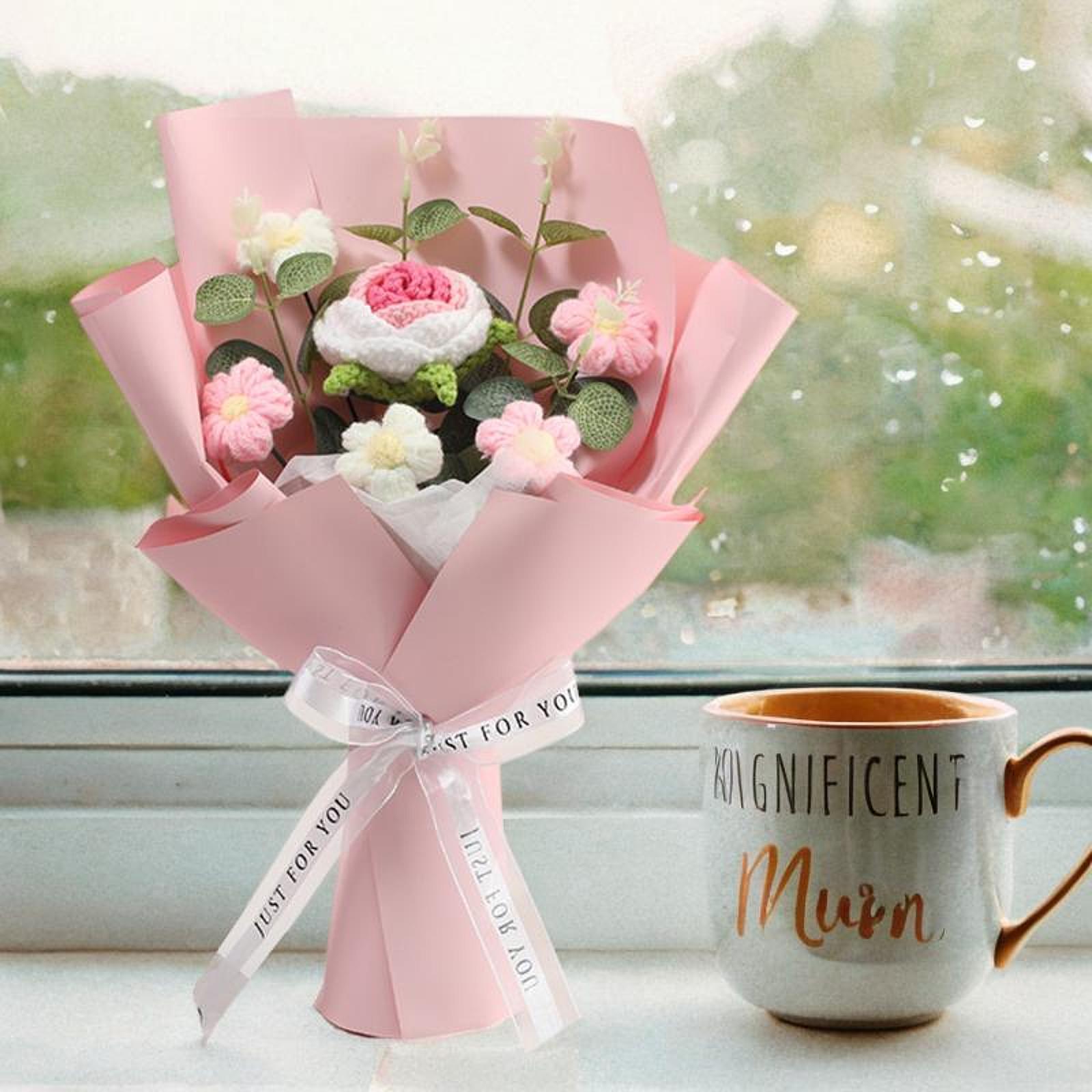 Completed Crochet Flower Bouquet Gift Mum Handmade Knitted Artificial Flower Pink