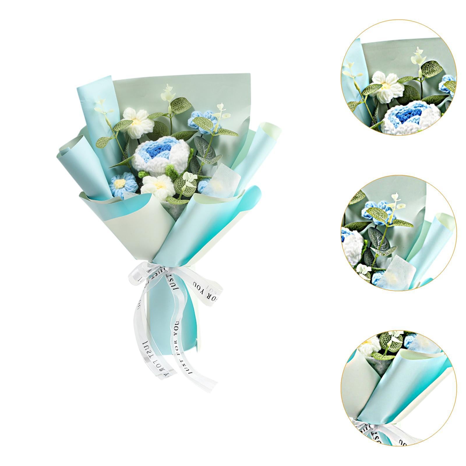 Completed Crochet Flower Bouquet Gift Mum Handmade Knitted Artificial Flower Blue
