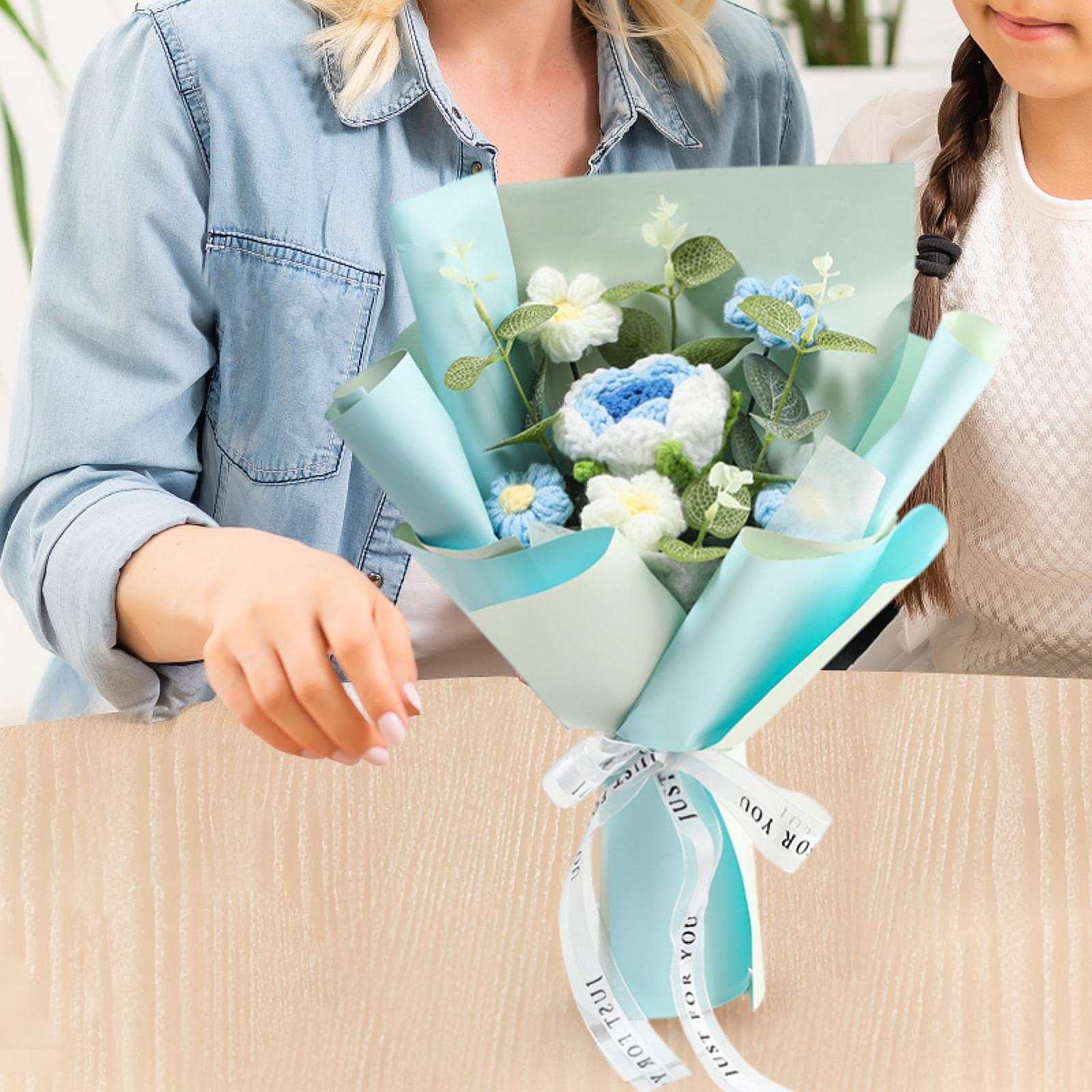 Completed Crochet Flower Bouquet Gift Mum Handmade Knitted Artificial Flower Blue
