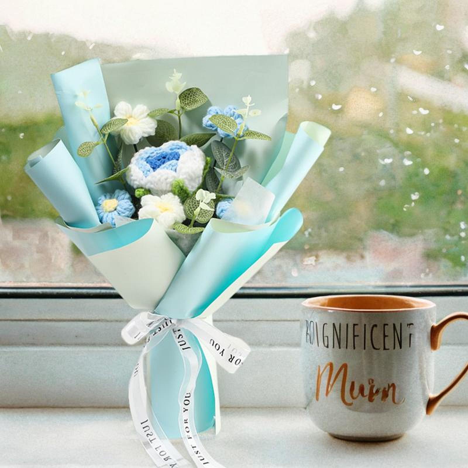 Completed Crochet Flower Bouquet Gift Mum Handmade Knitted Artificial Flower Blue