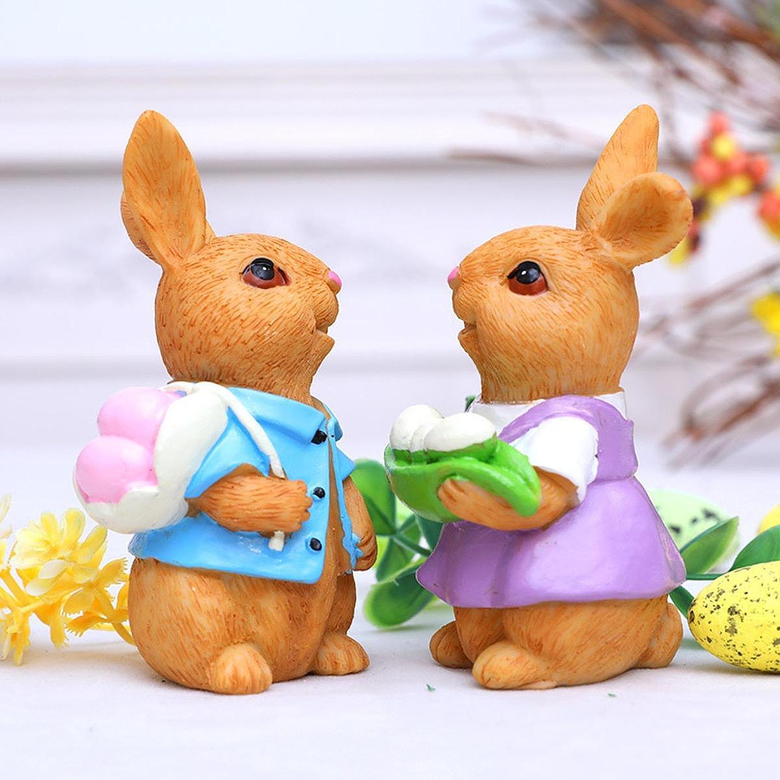 2Pcs Resin Easter Bunny Couple Figurine for Window Sill Decor Cute Versatile