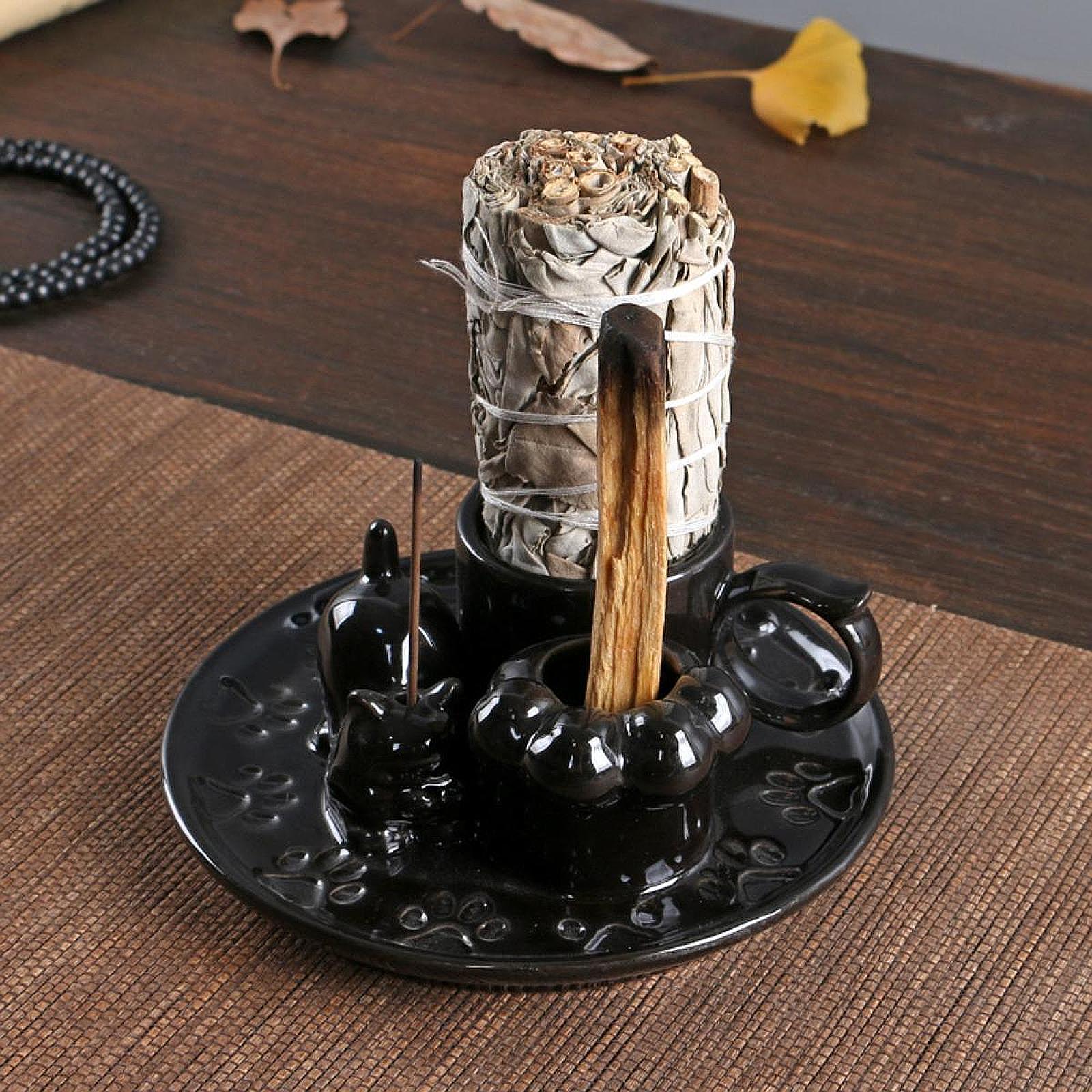 Palo Santo Holder Ceramic Sage Bundle Burner for Meditation Desk Living Room Black