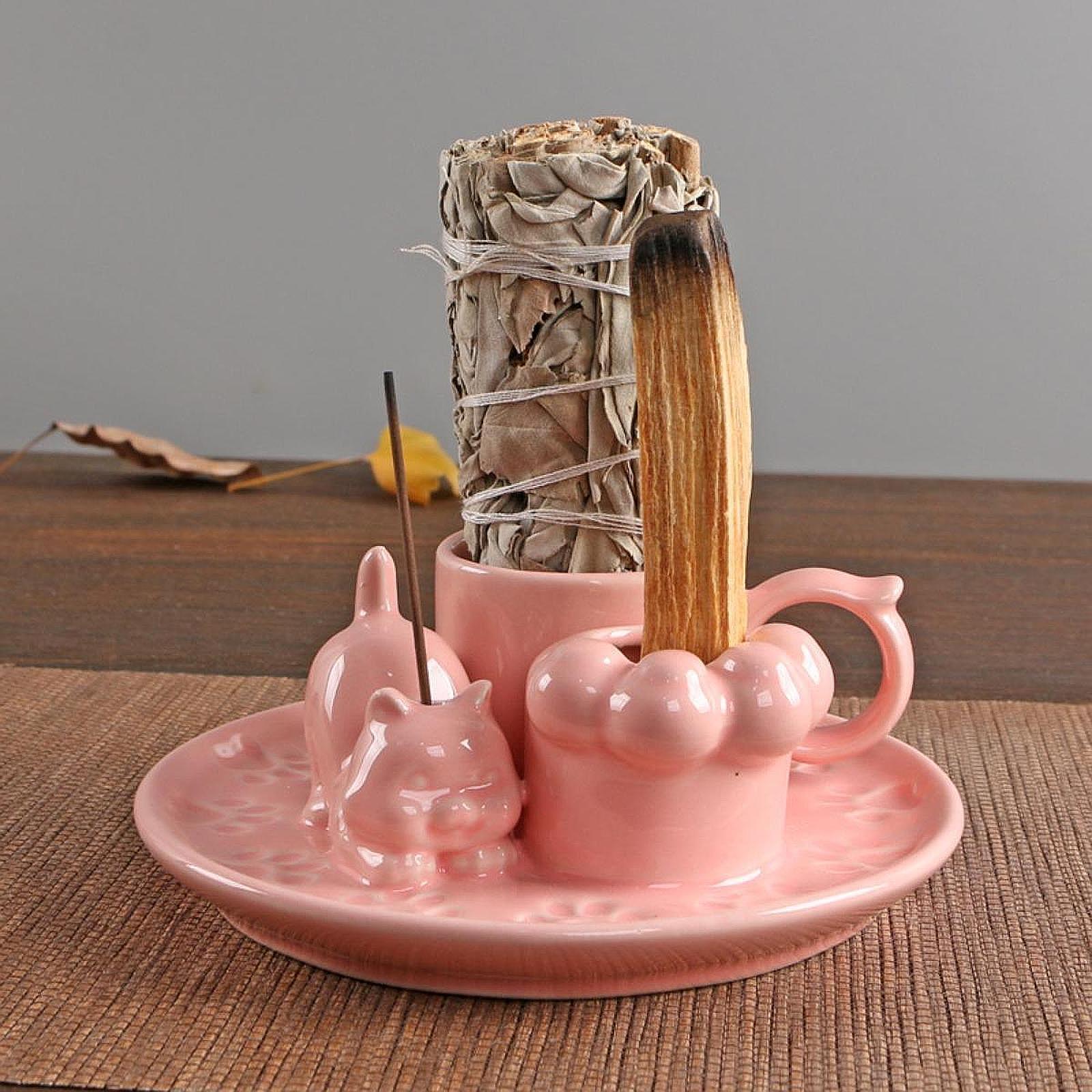 Palo Santo Holder Ceramic Sage Bundle Burner for Meditation Desk Living Room Pink