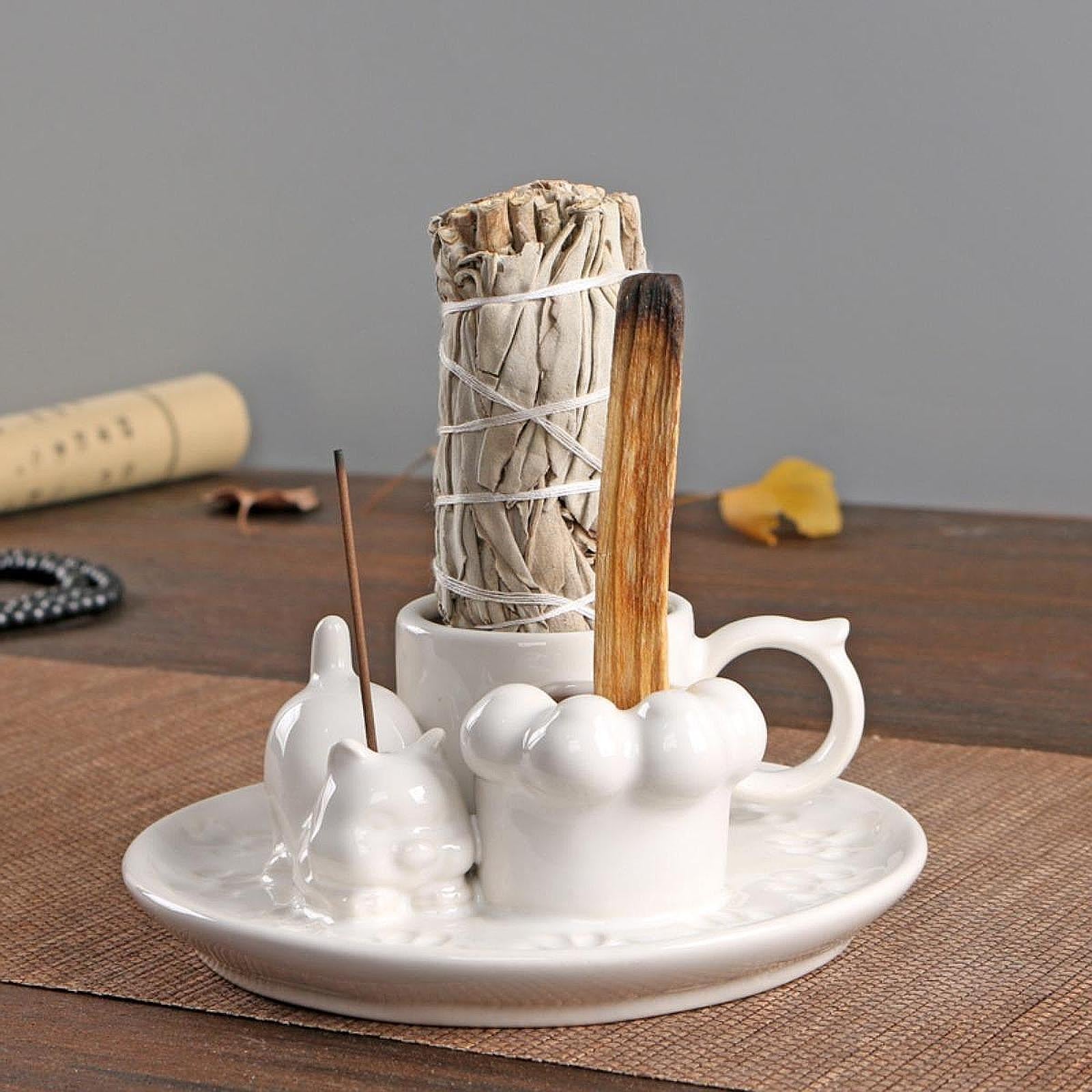 Palo Santo Holder Ceramic Sage Bundle Burner for Meditation Desk Living Room Pure White