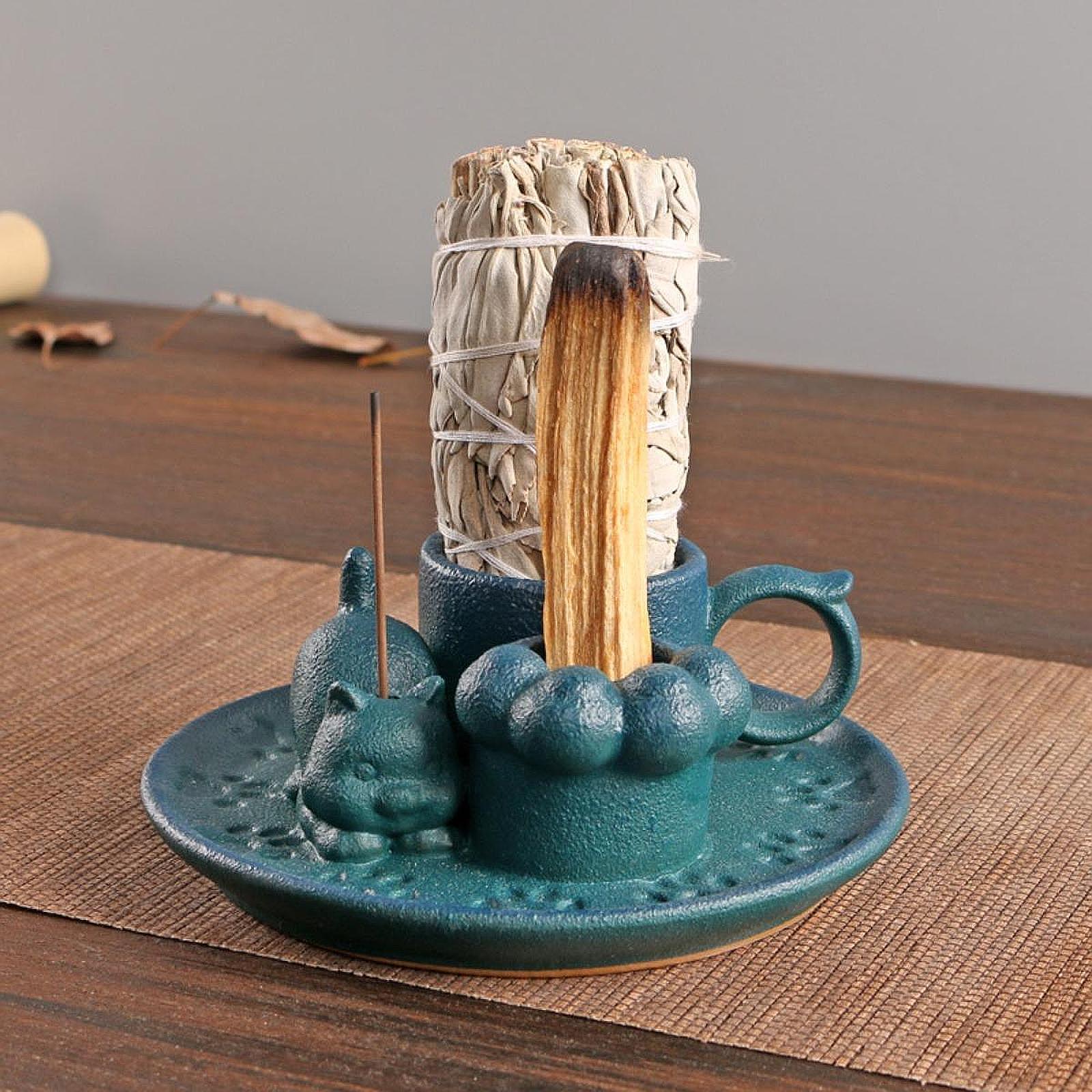 Palo Santo Holder Ceramic Sage Bundle Burner for Meditation Desk Living Room Blue