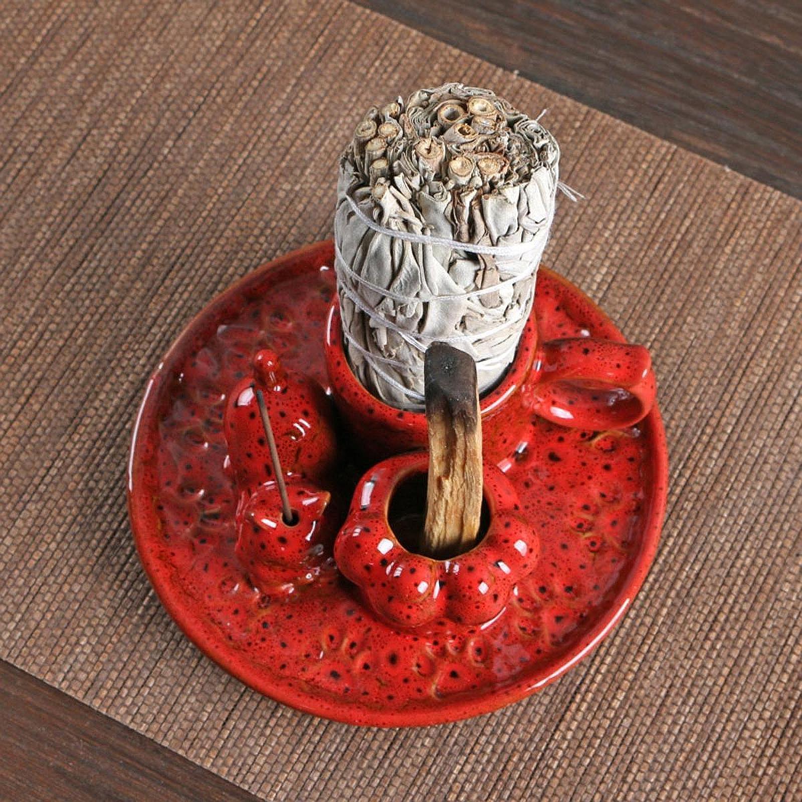 Palo Santo Holder Ceramic Sage Bundle Burner for Meditation Desk Living Room Red