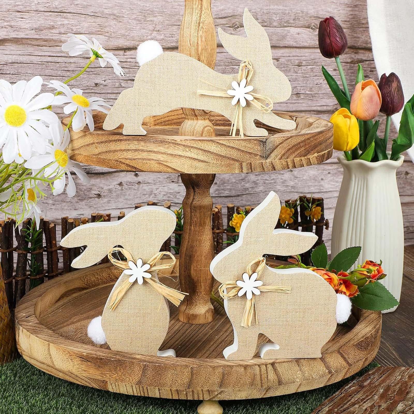 3Pcs Easter Bunny Wooden Sign Cute Tiered Tray Decor for Shelf Party Kitchen