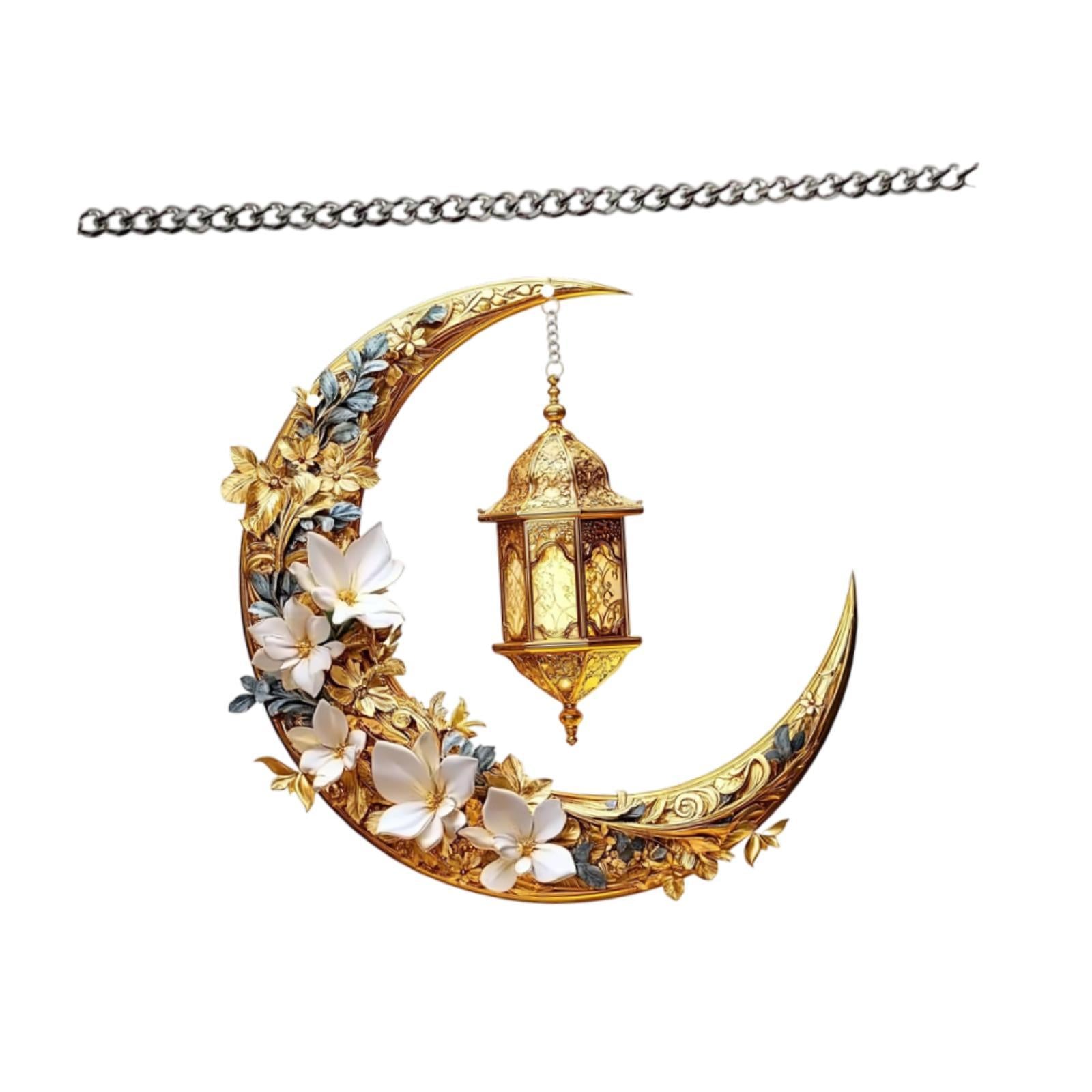 2D Moon Ramadan Hanging Ornament Eid Mubarak Door Sign for Office Party Cafe White Flowers