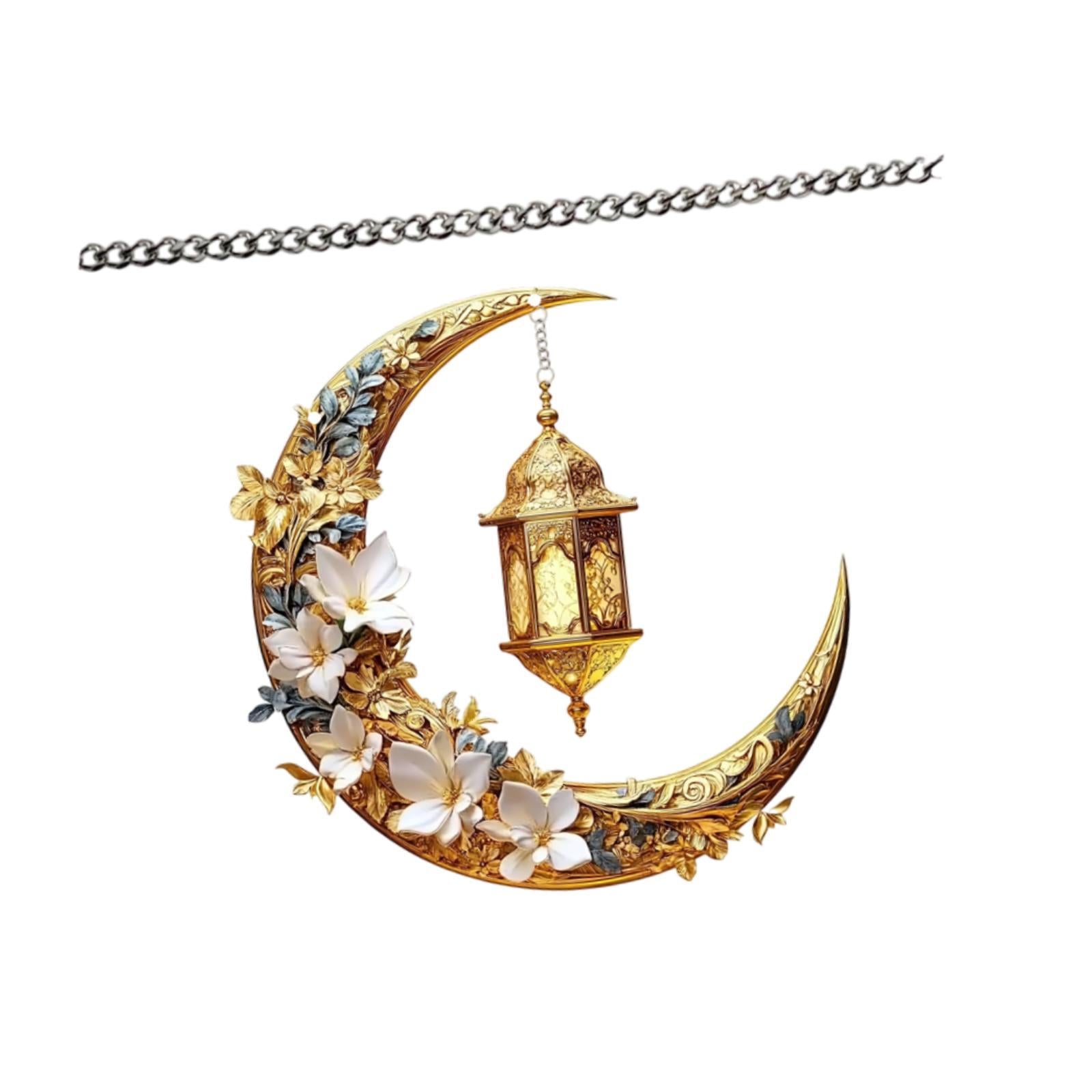 2D Moon Ramadan Hanging Ornament Eid Mubarak Door Sign for Office Party Cafe White Flowers
