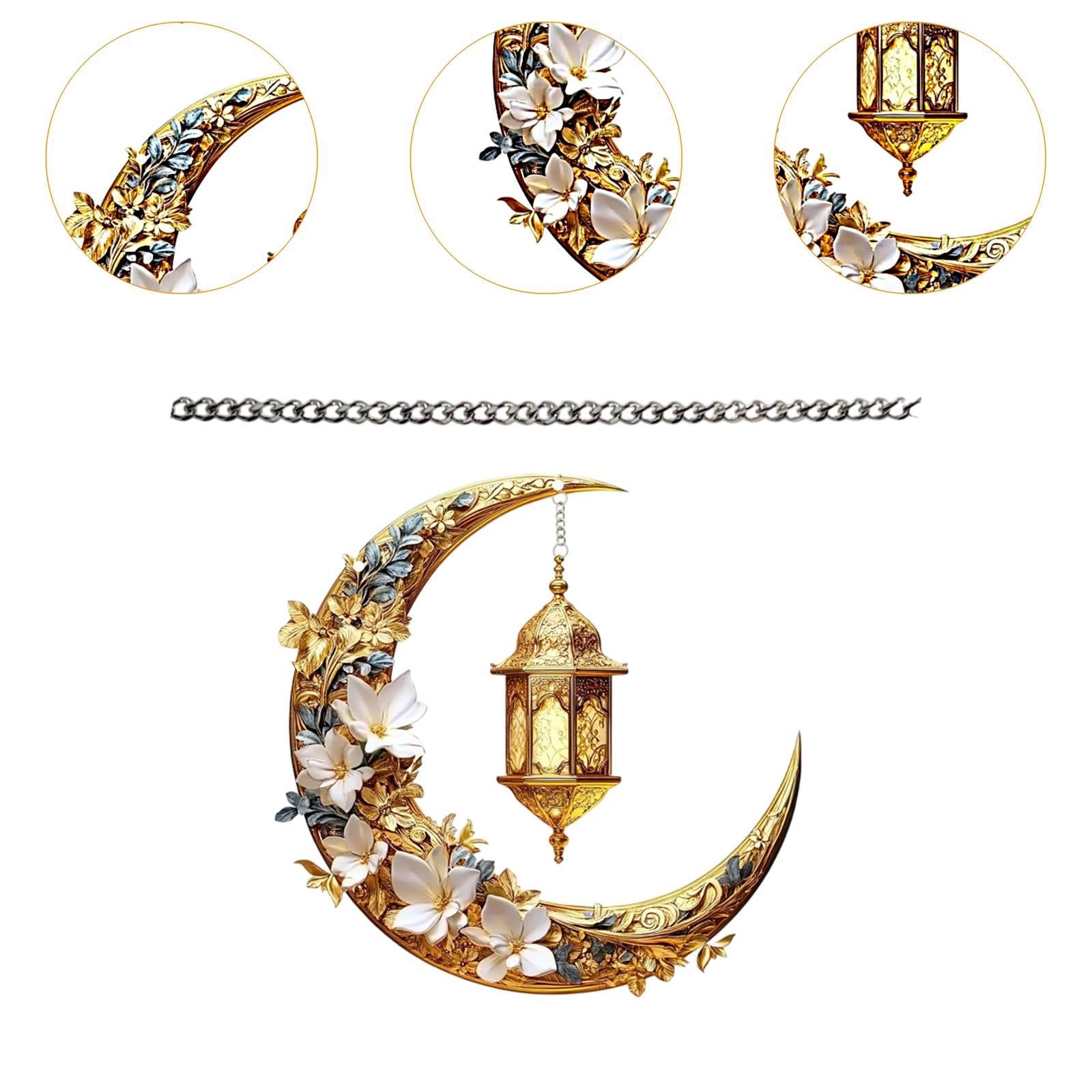 2D Moon Ramadan Hanging Ornament Eid Mubarak Door Sign for Office Party Cafe White Flowers