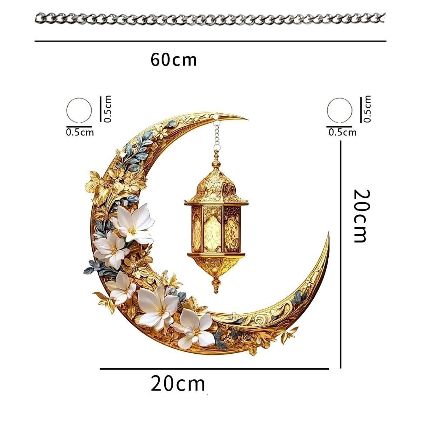 2D Moon Ramadan Hanging Ornament Eid Mubarak Door Sign for Office Party Cafe White Flowers
