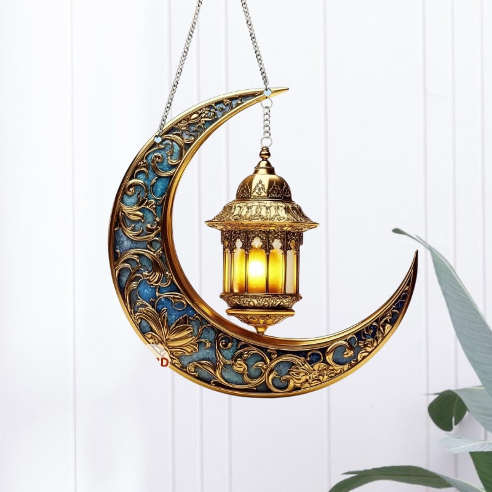 2D Moon Ramadan Hanging Ornament Eid Mubarak Door Sign for Office Party Cafe Blue