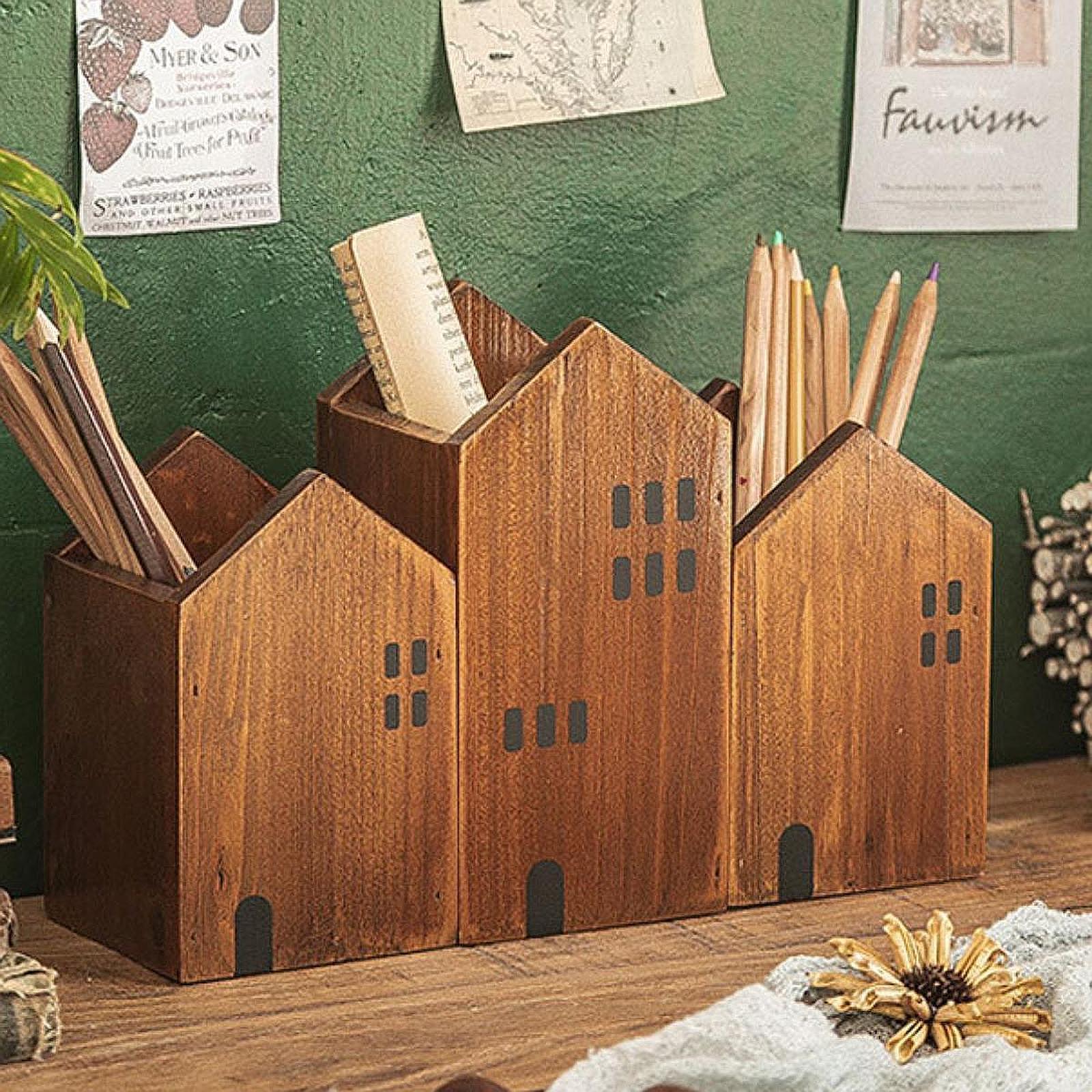 Wooden Multipurpose Pencil Holder Lightweight Space Saving Desktop Organizer Dark Brown