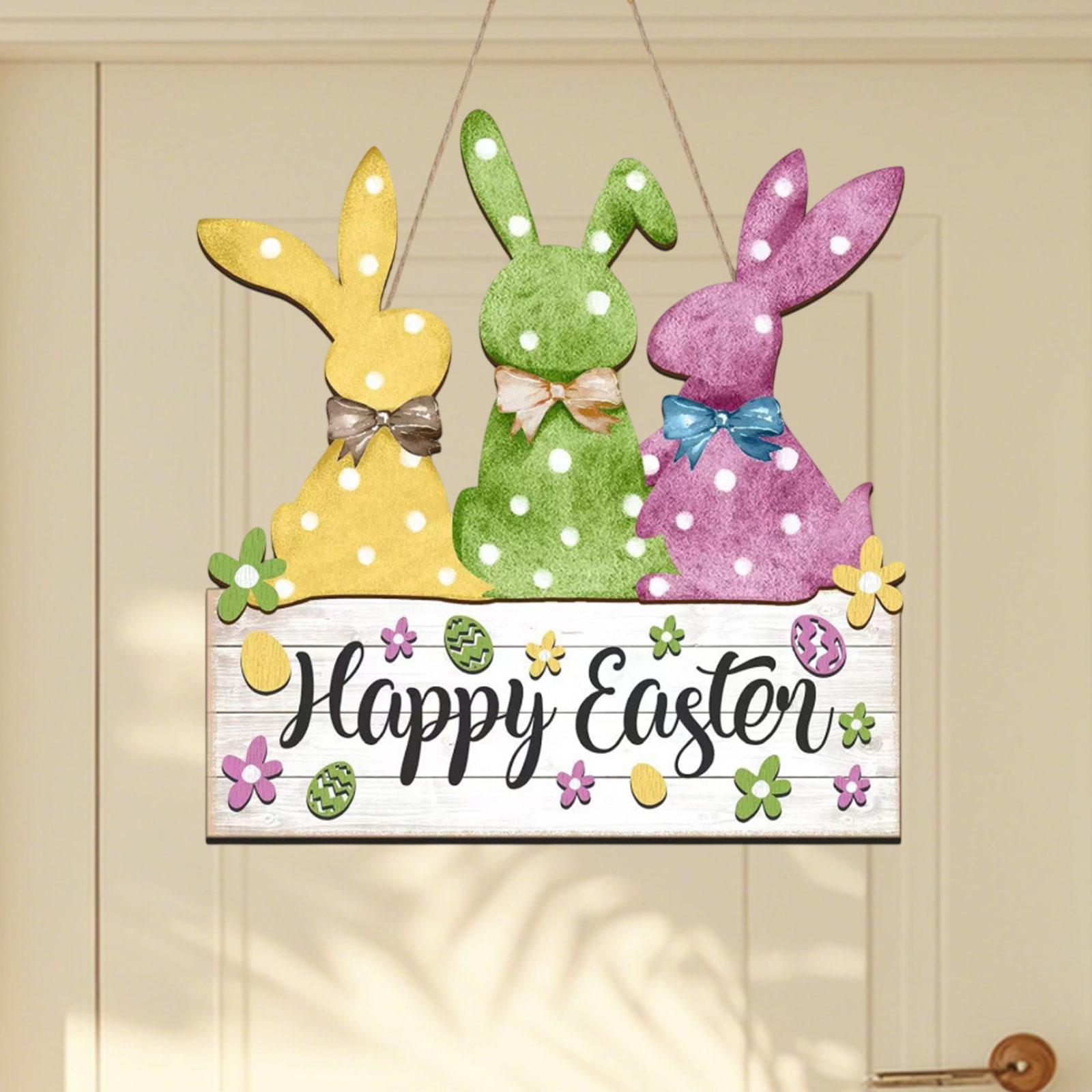 Easter Bunny Wooden Door Sign Kitchen Garden Rabbit Sign Home Hanging Plaque With Green Color