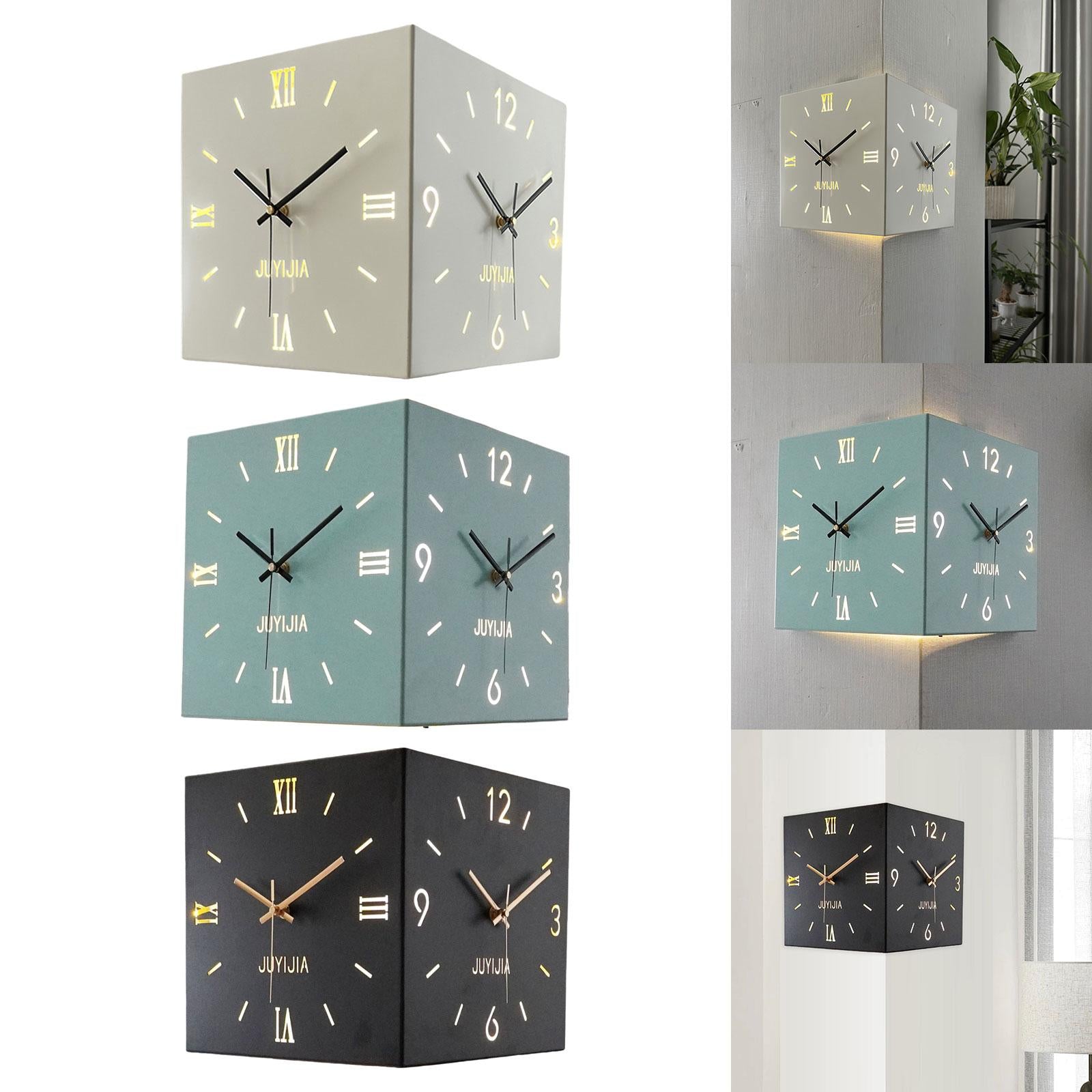 Double Sided Corner Wall Clock with Light for Dining Room Living Room Office White