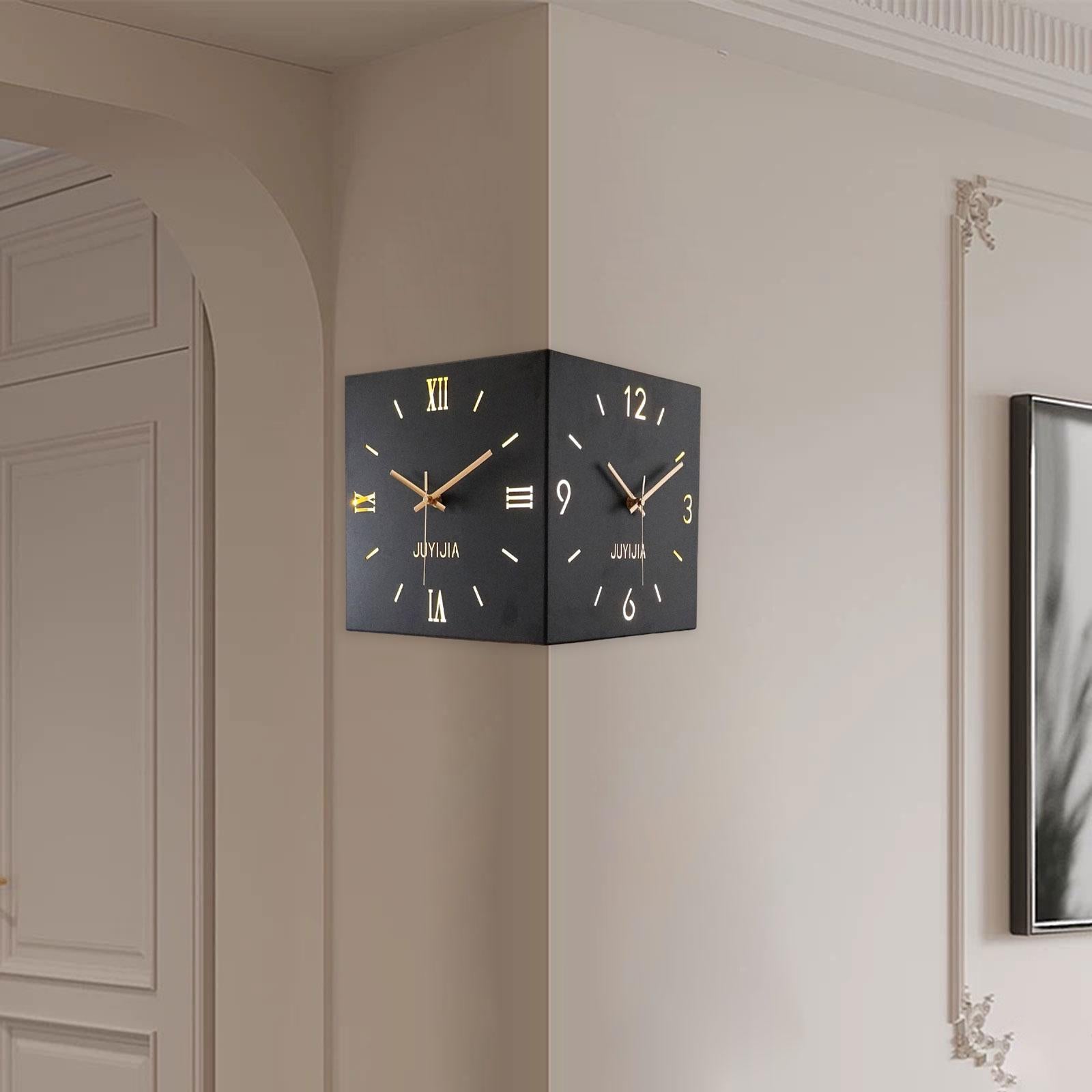 Double Sided Corner Wall Clock with Light for Dining Room Living Room Office Black
