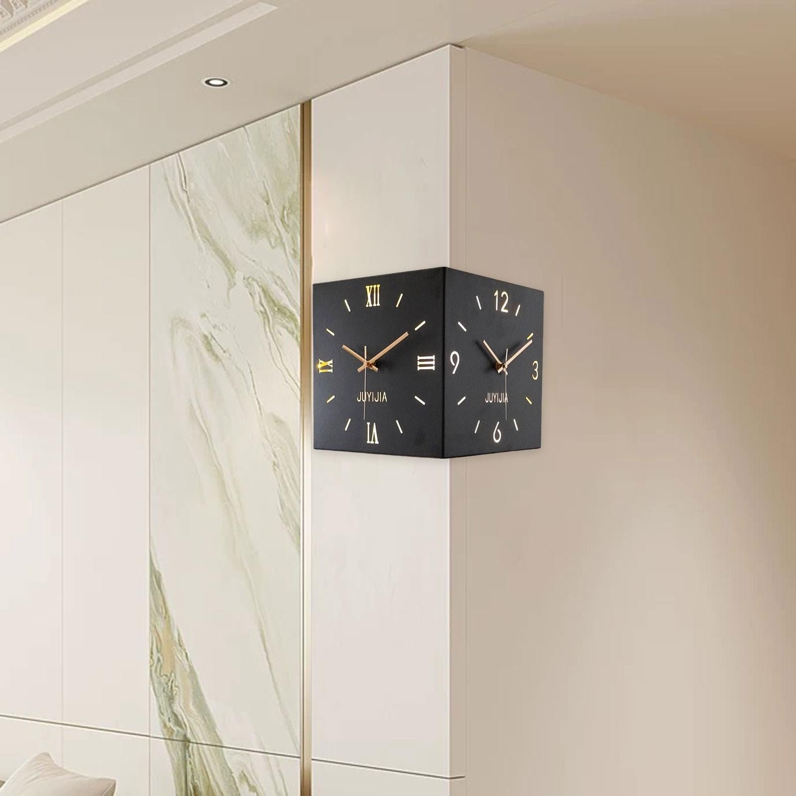 Double Sided Corner Wall Clock with Light for Dining Room Living Room Office Black