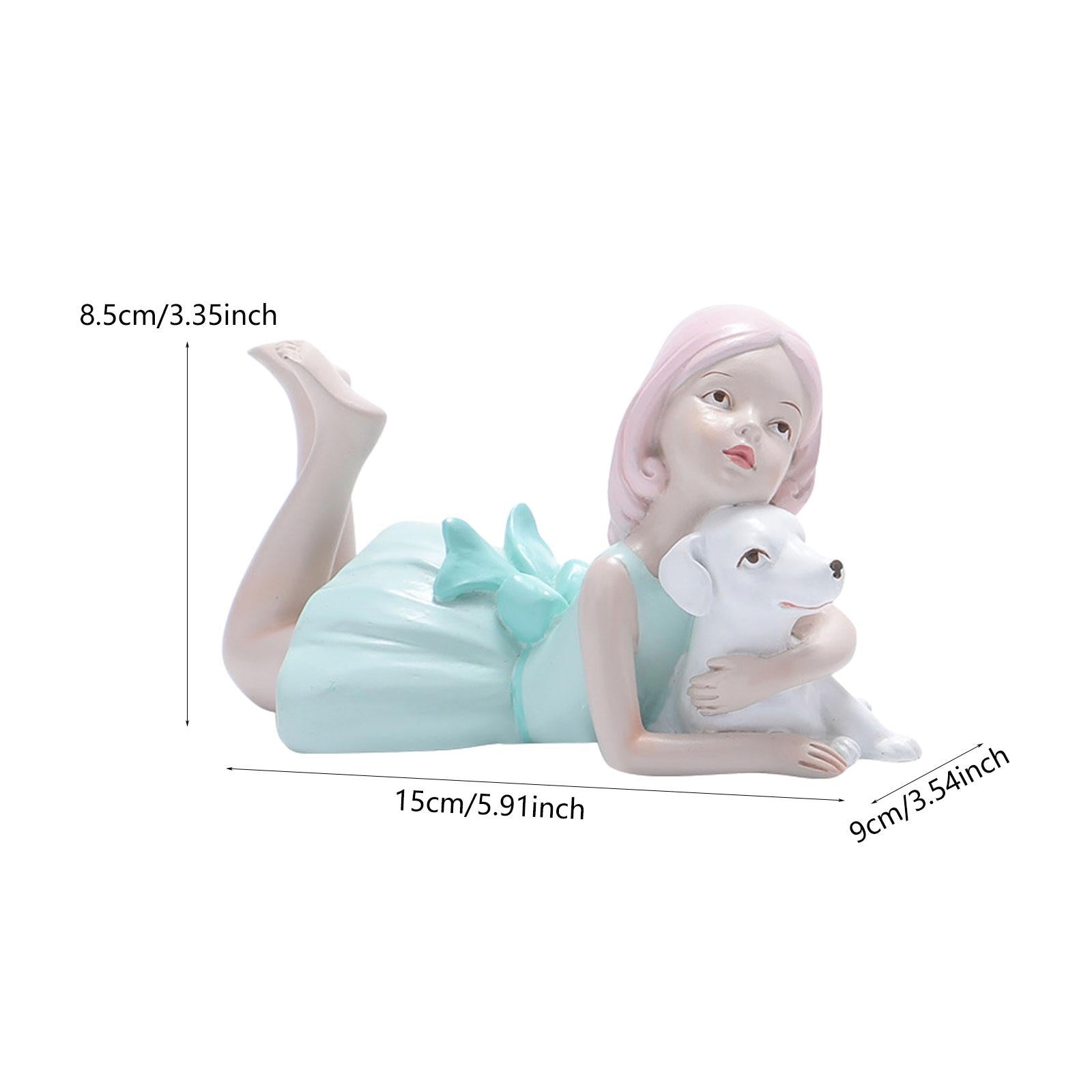 Girl Dog Figurine Artwork Ornament Decorative Statue for Bedroom Home Office Blue