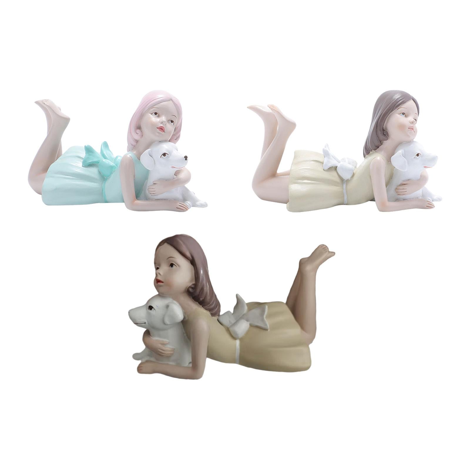 Girl Dog Figurine Artwork Ornament Decorative Statue for Bedroom Home Office Blue