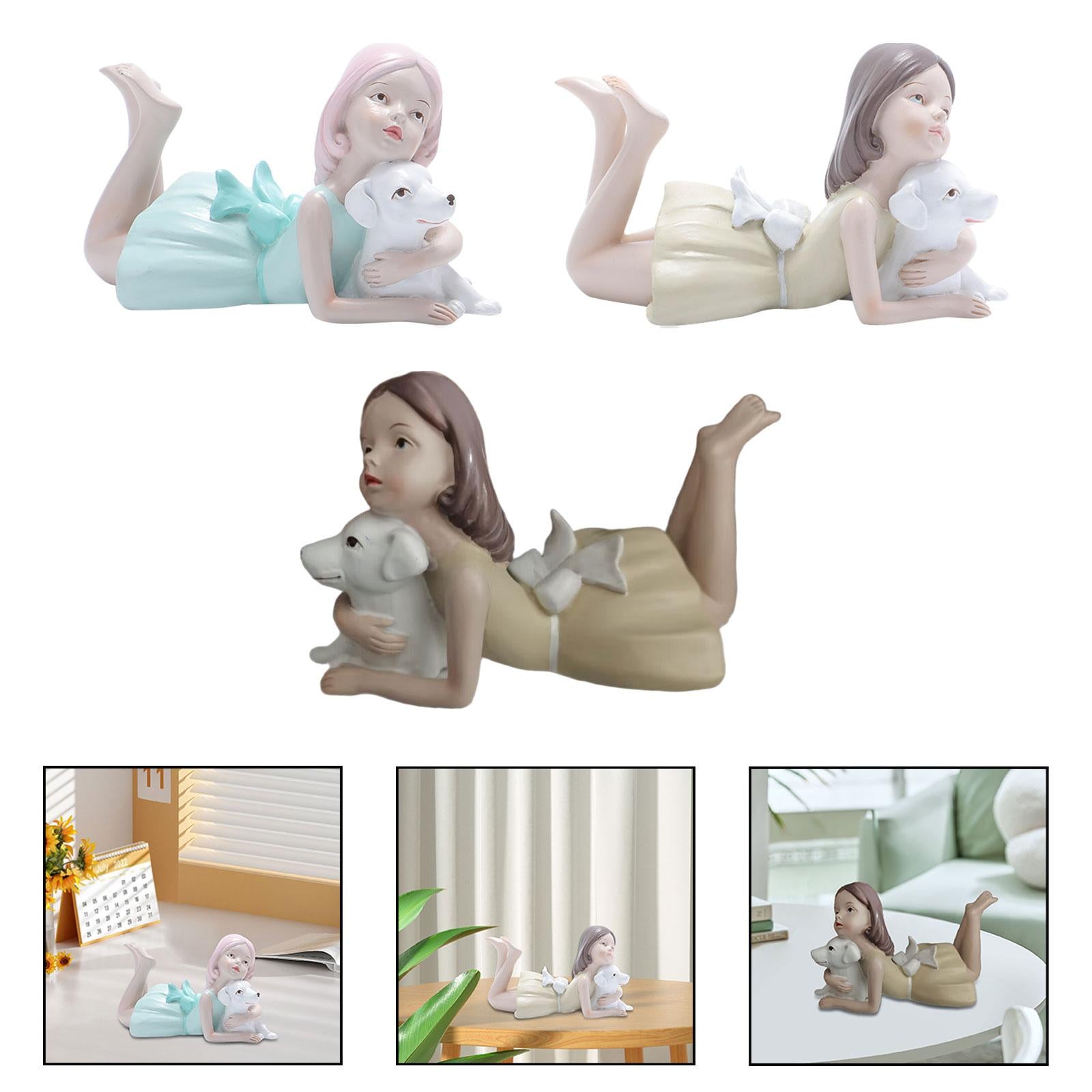 Girl Dog Figurine Artwork Ornament Decorative Statue for Bedroom Home Office Blue
