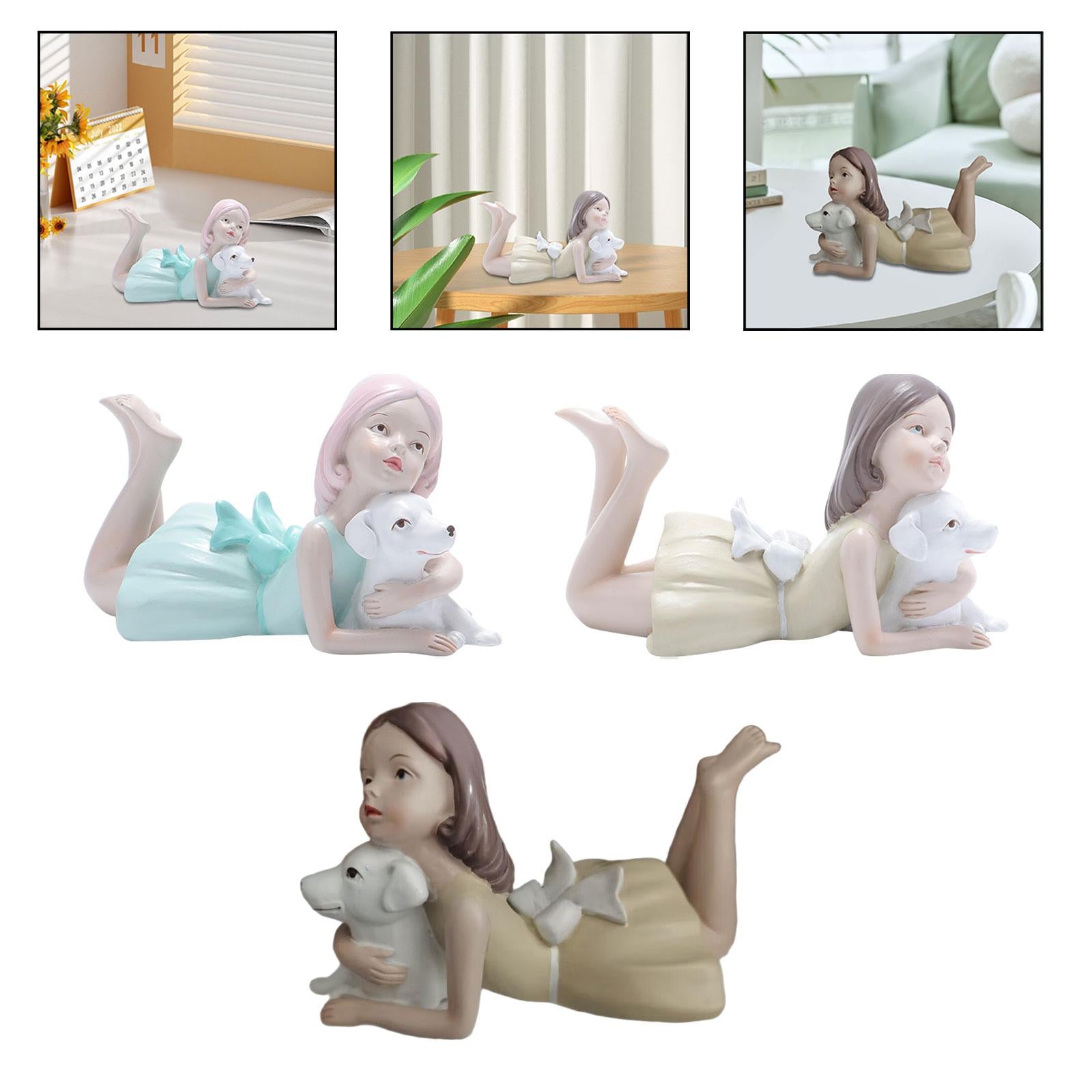 Girl Dog Figurine Artwork Ornament Decorative Statue for Bedroom Home Office Blue