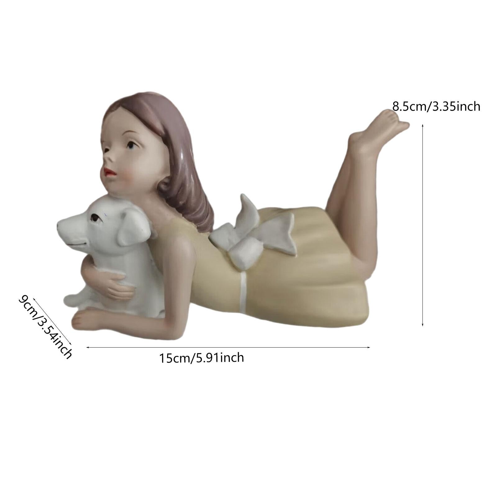 Girl Dog Figurine Artwork Ornament Decorative Statue for Bedroom Home Office Yellow To The Left