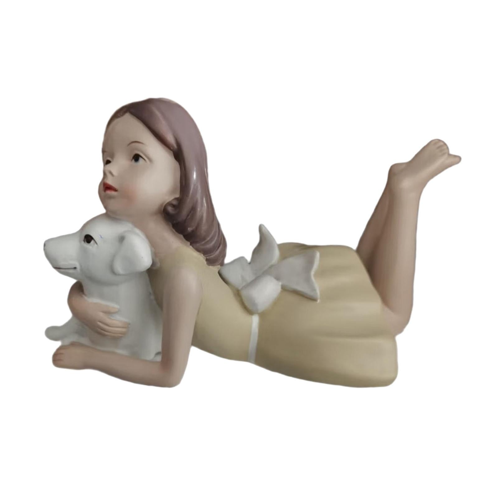 Girl Dog Figurine Artwork Ornament Decorative Statue for Bedroom Home Office Yellow To The Left
