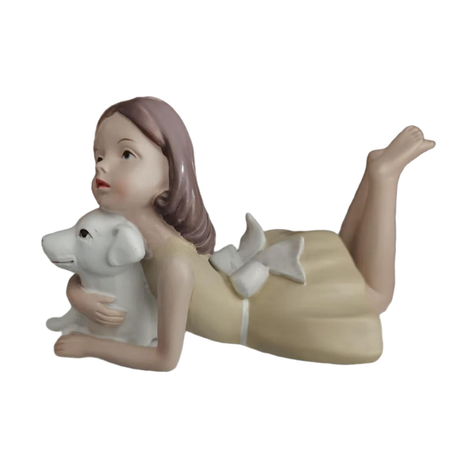 Girl Dog Figurine Artwork Ornament Decorative Statue for Bedroom Home Office Yellow To The Left