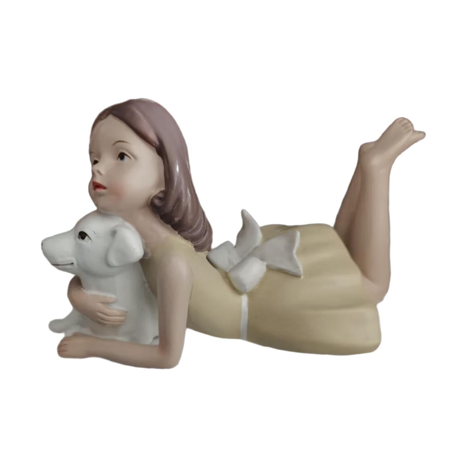 Girl Dog Figurine Artwork Ornament Decorative Statue for Bedroom Home Office Yellow To The Left