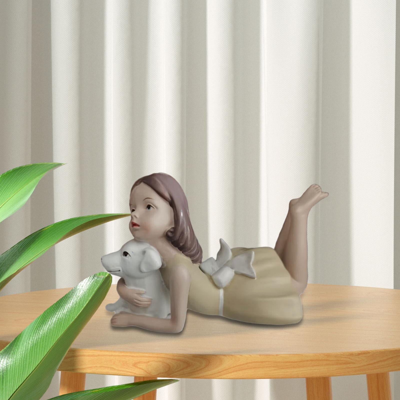 Girl Dog Figurine Artwork Ornament Decorative Statue for Bedroom Home Office Yellow To The Left
