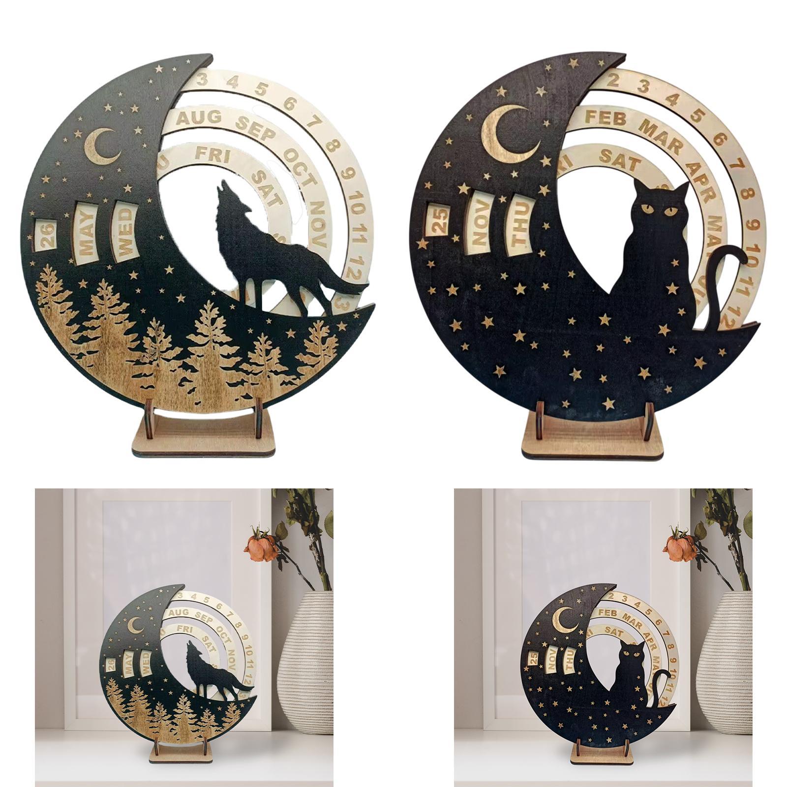 Wooden Perpetual Calendar Rotatable Moon Disk Calendar for Shelf Dining Room Cat