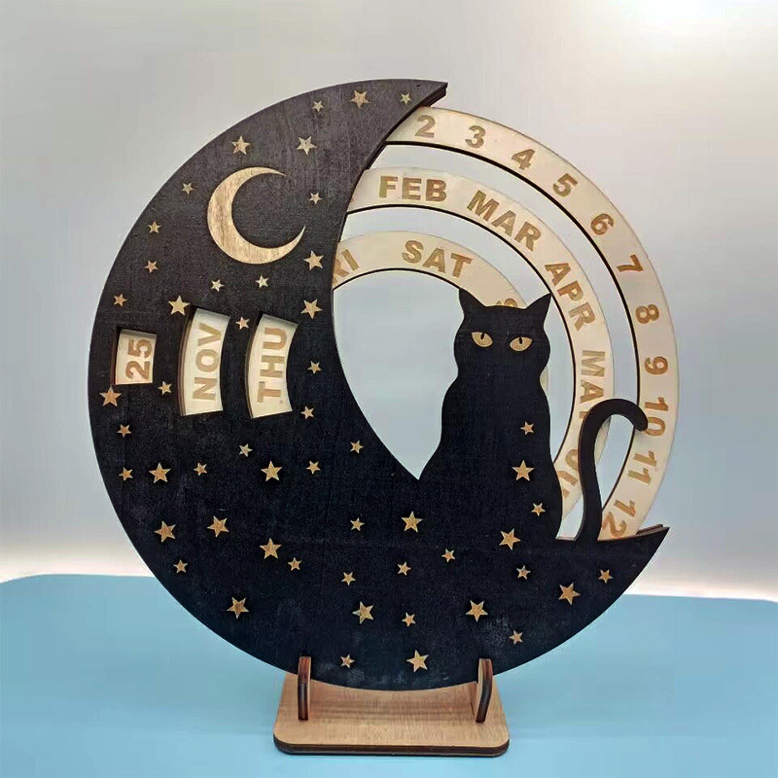 Wooden Perpetual Calendar Rotatable Moon Disk Calendar for Shelf Dining Room Cat
