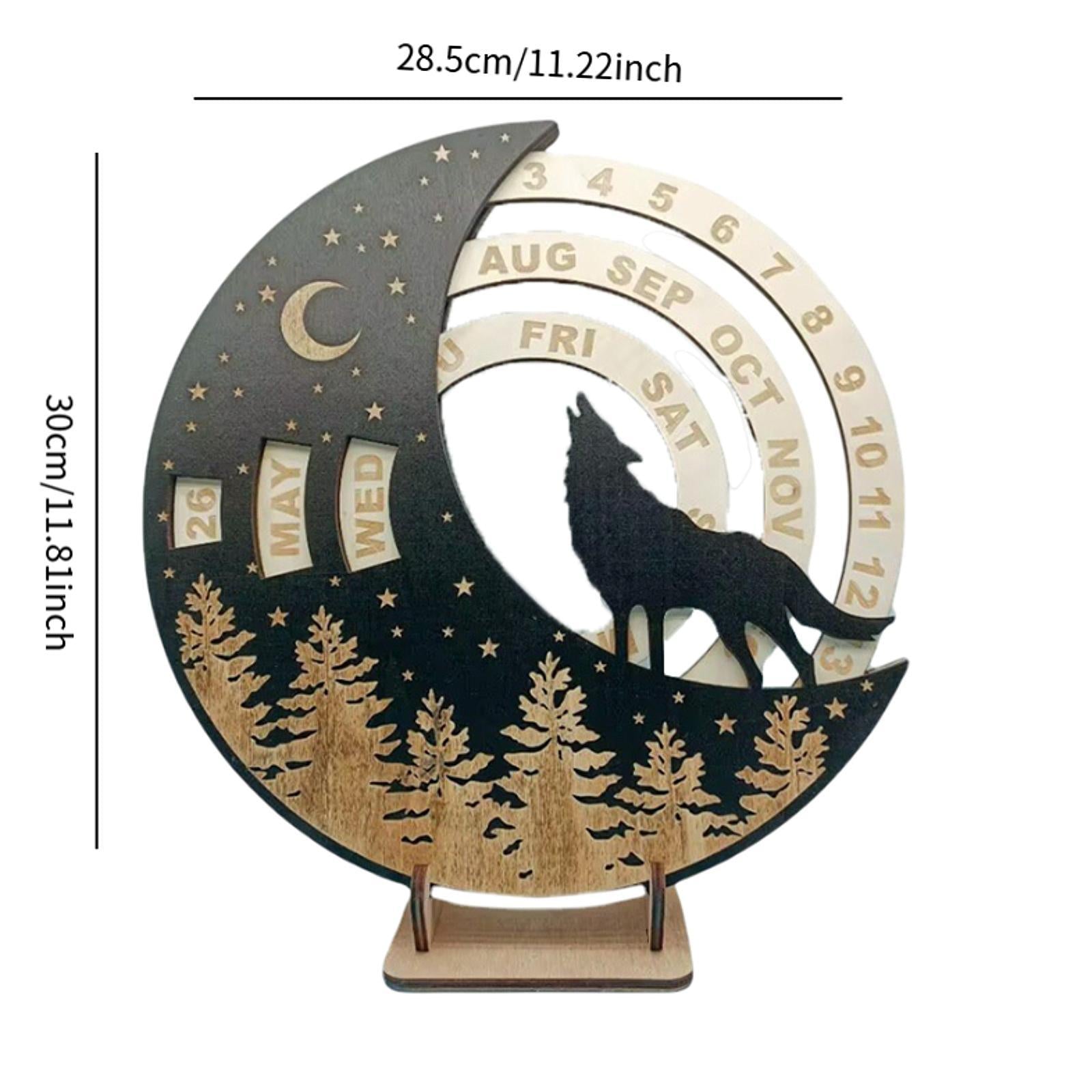 Wooden Perpetual Calendar Rotatable Moon Disk Calendar for Shelf Dining Room Wolf