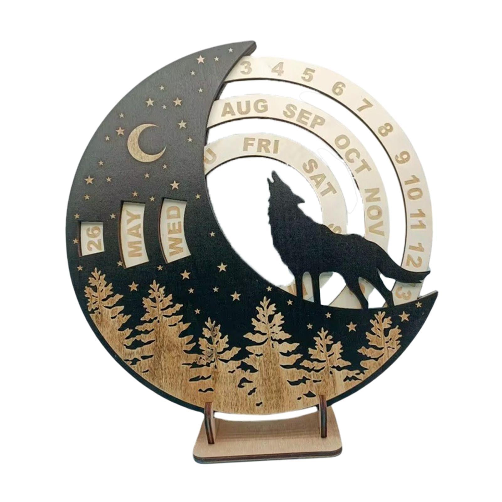Wooden Perpetual Calendar Rotatable Moon Disk Calendar for Shelf Dining Room Wolf