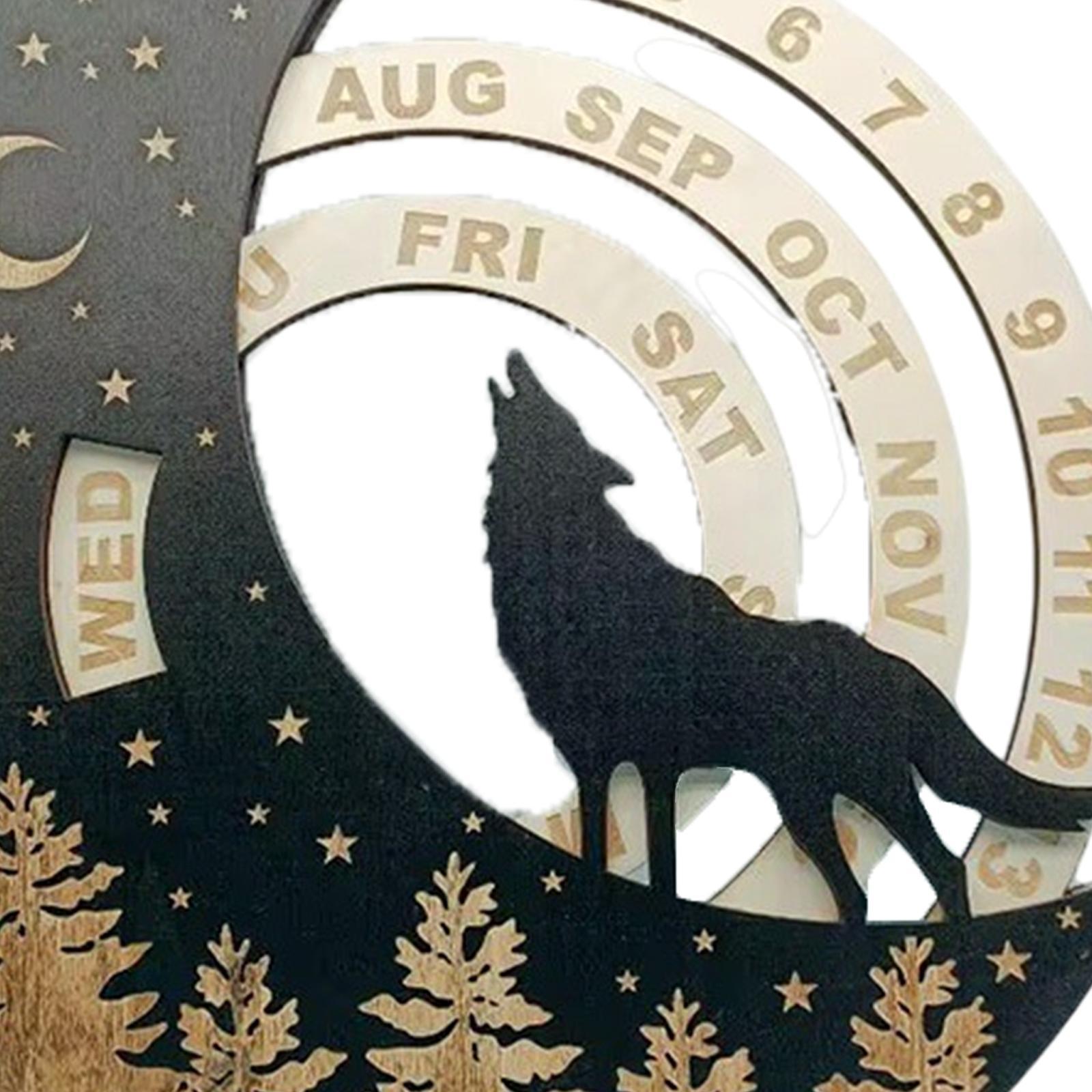 Wooden Perpetual Calendar Rotatable Moon Disk Calendar for Shelf Dining Room Wolf