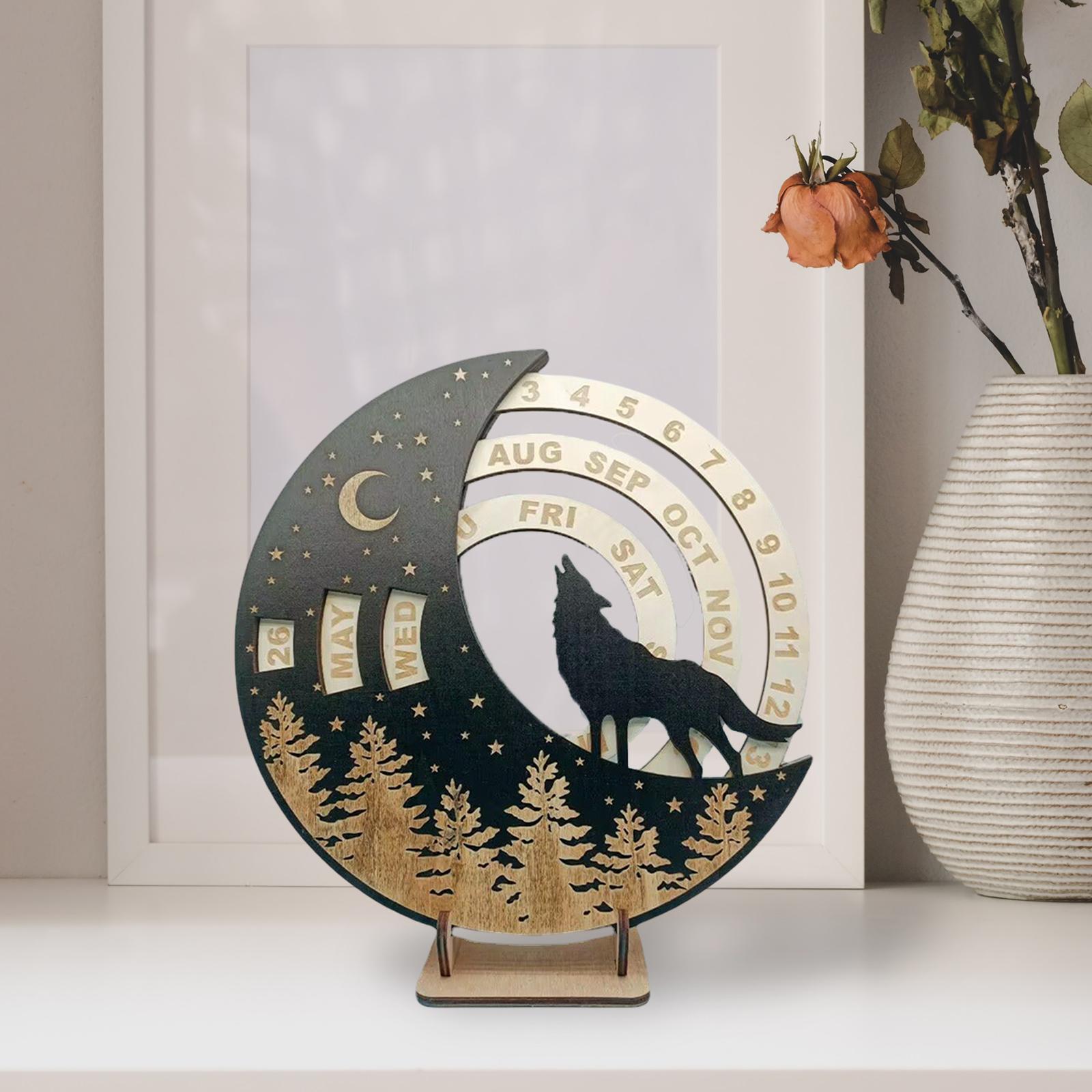 Wooden Perpetual Calendar Rotatable Moon Disk Calendar for Shelf Dining Room Wolf