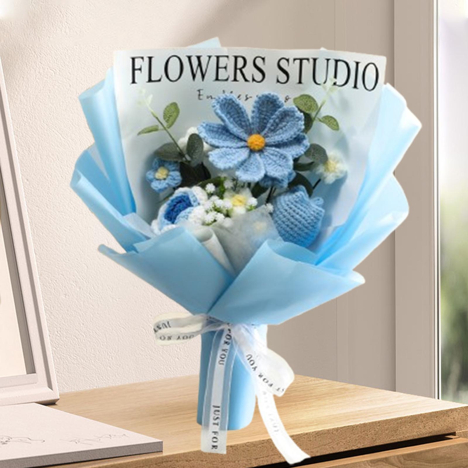 Crochet Bouquet Knitted Artificial Gesang Flowers for Teacher’ Day Women Mom Blue