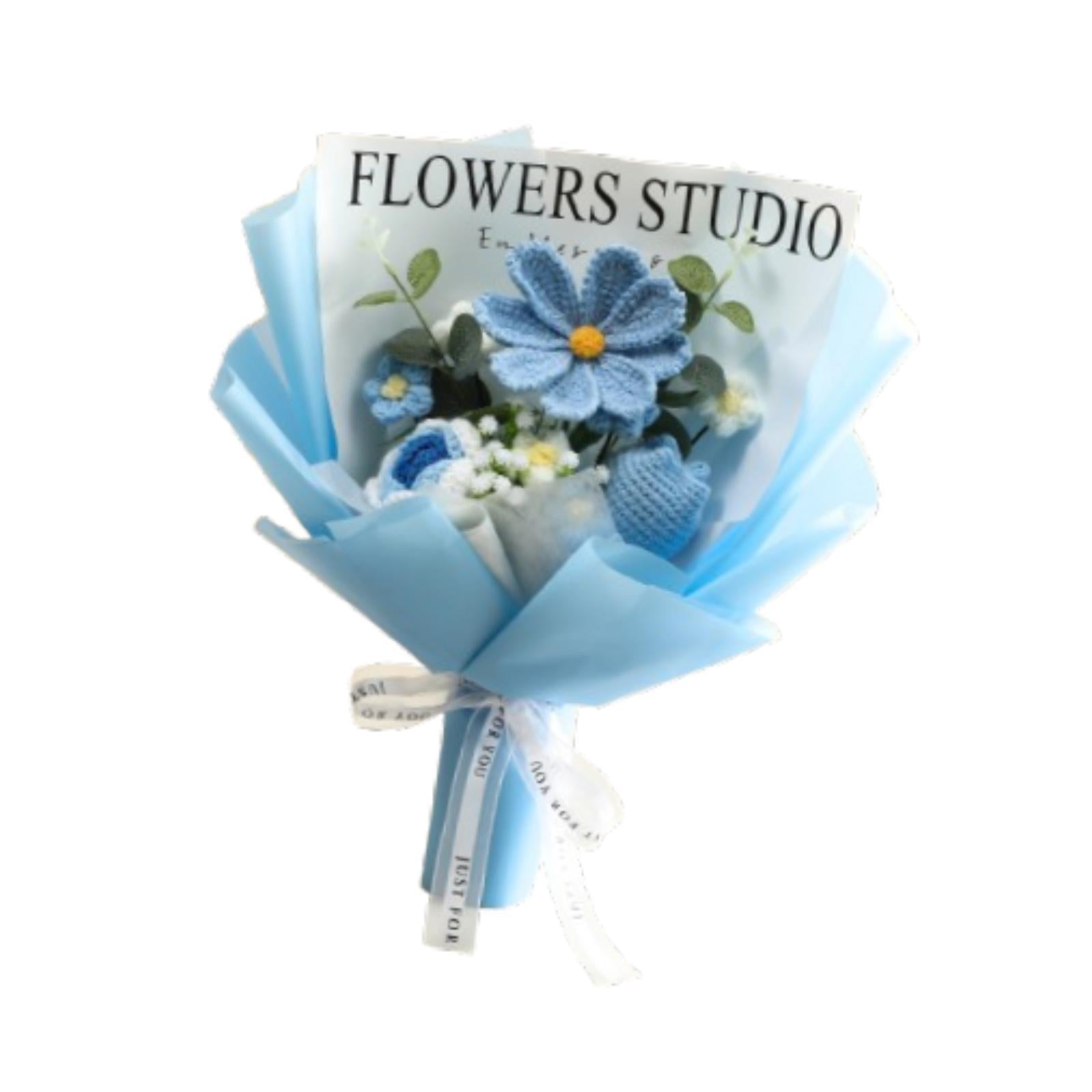 Crochet Bouquet Knitted Artificial Gesang Flowers for Teacher’ Day Women Mom Blue