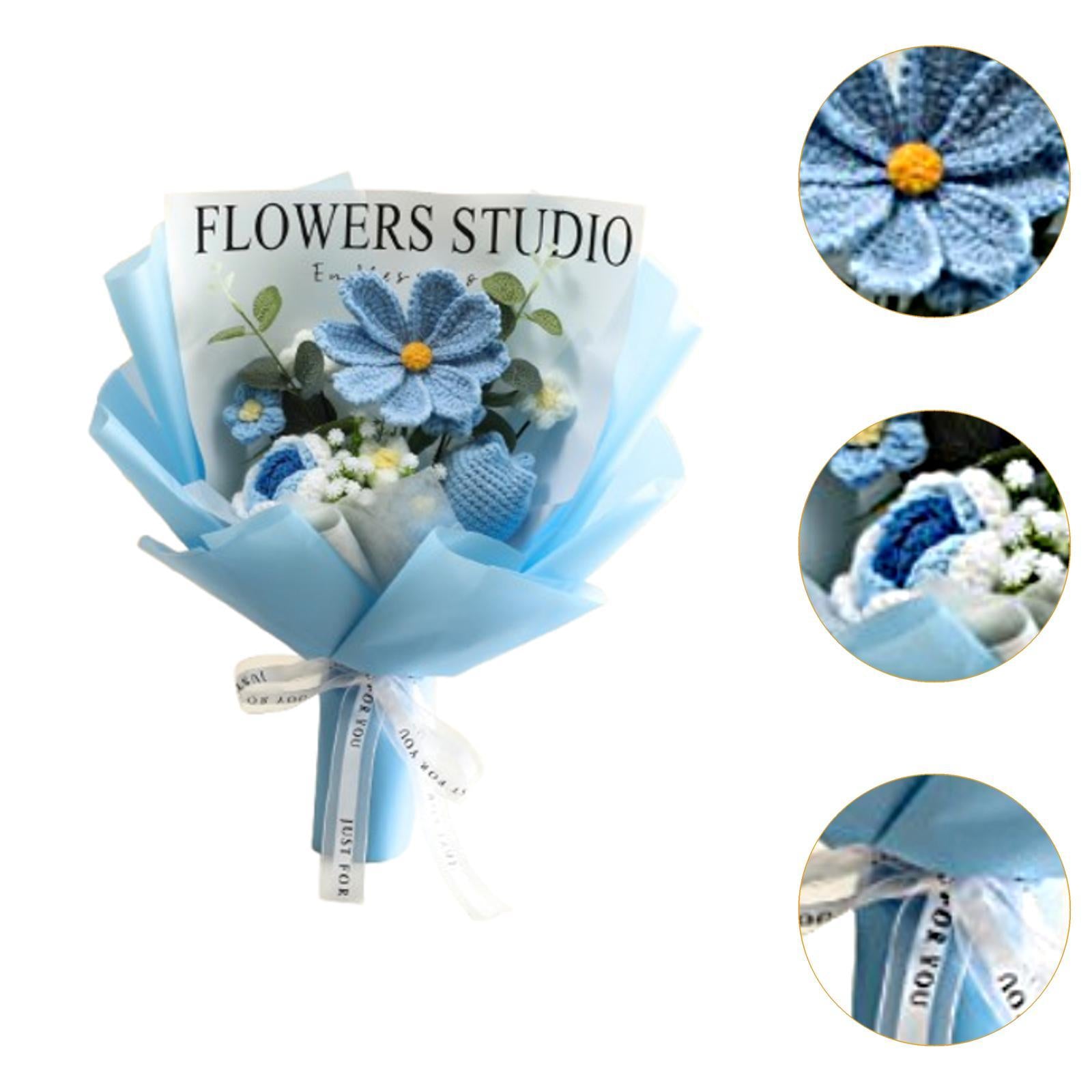 Crochet Bouquet Knitted Artificial Gesang Flowers for Teacher’ Day Women Mom Blue