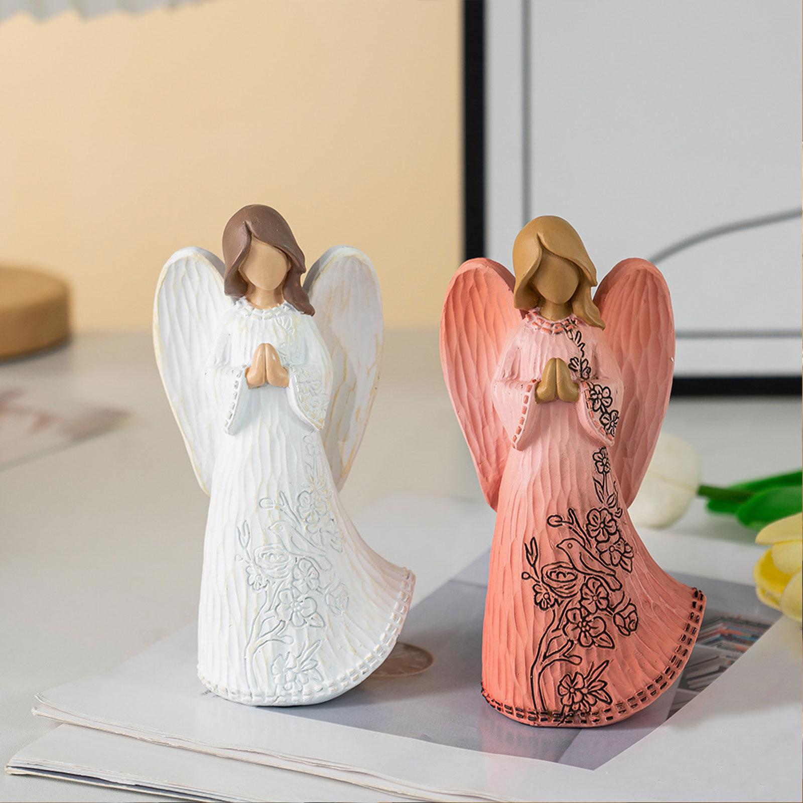 Resin Figurine Artwork Winged Angel Statue for Bookshelf Office Housewarming Pink