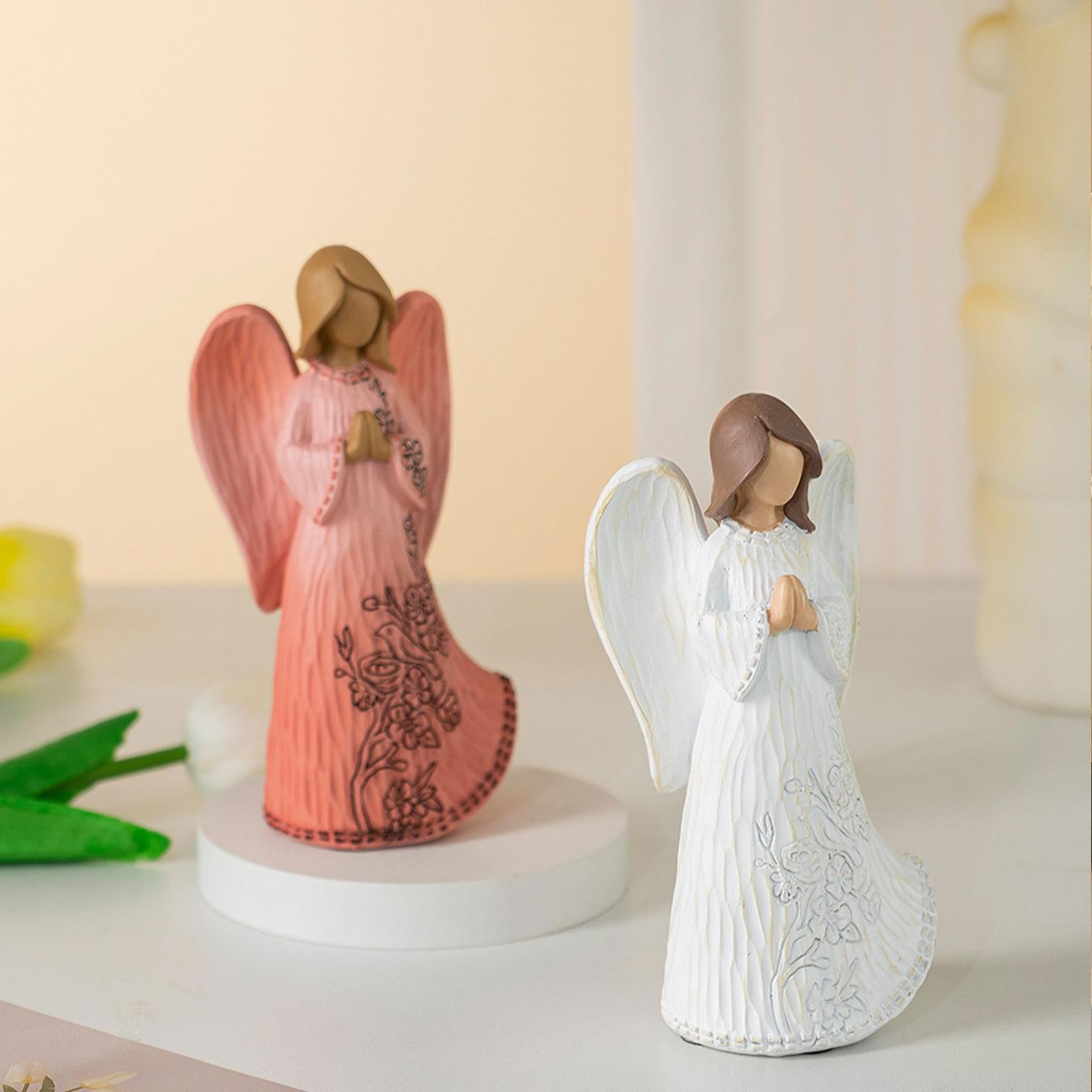 Resin Figurine Artwork Winged Angel Statue for Bookshelf Office Housewarming Pink