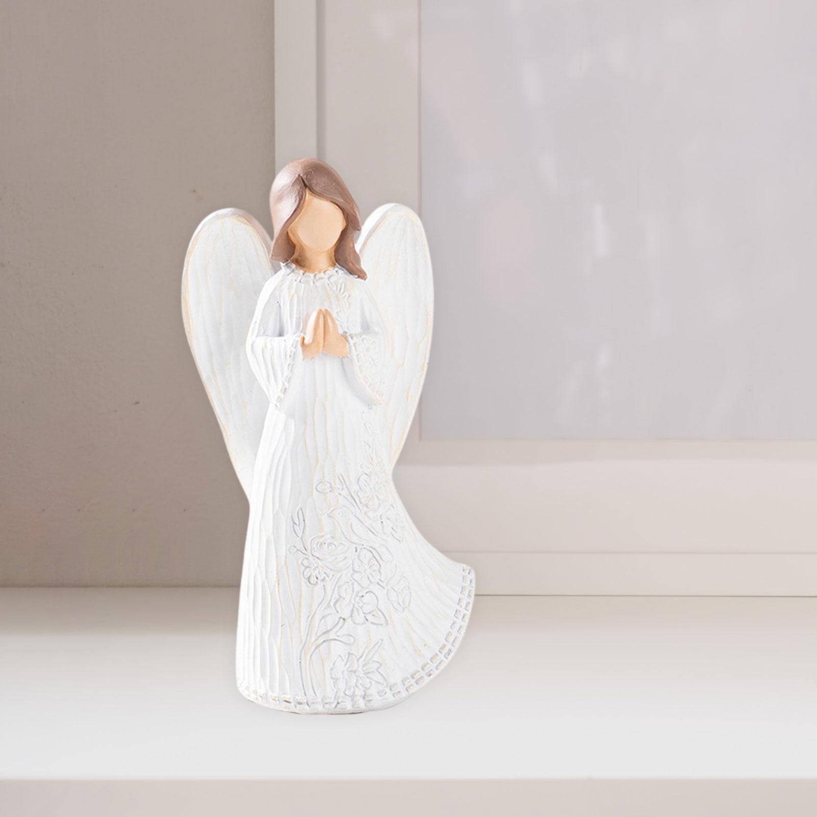 Resin Figurine Artwork Winged Angel Statue for Bookshelf Office Housewarming White