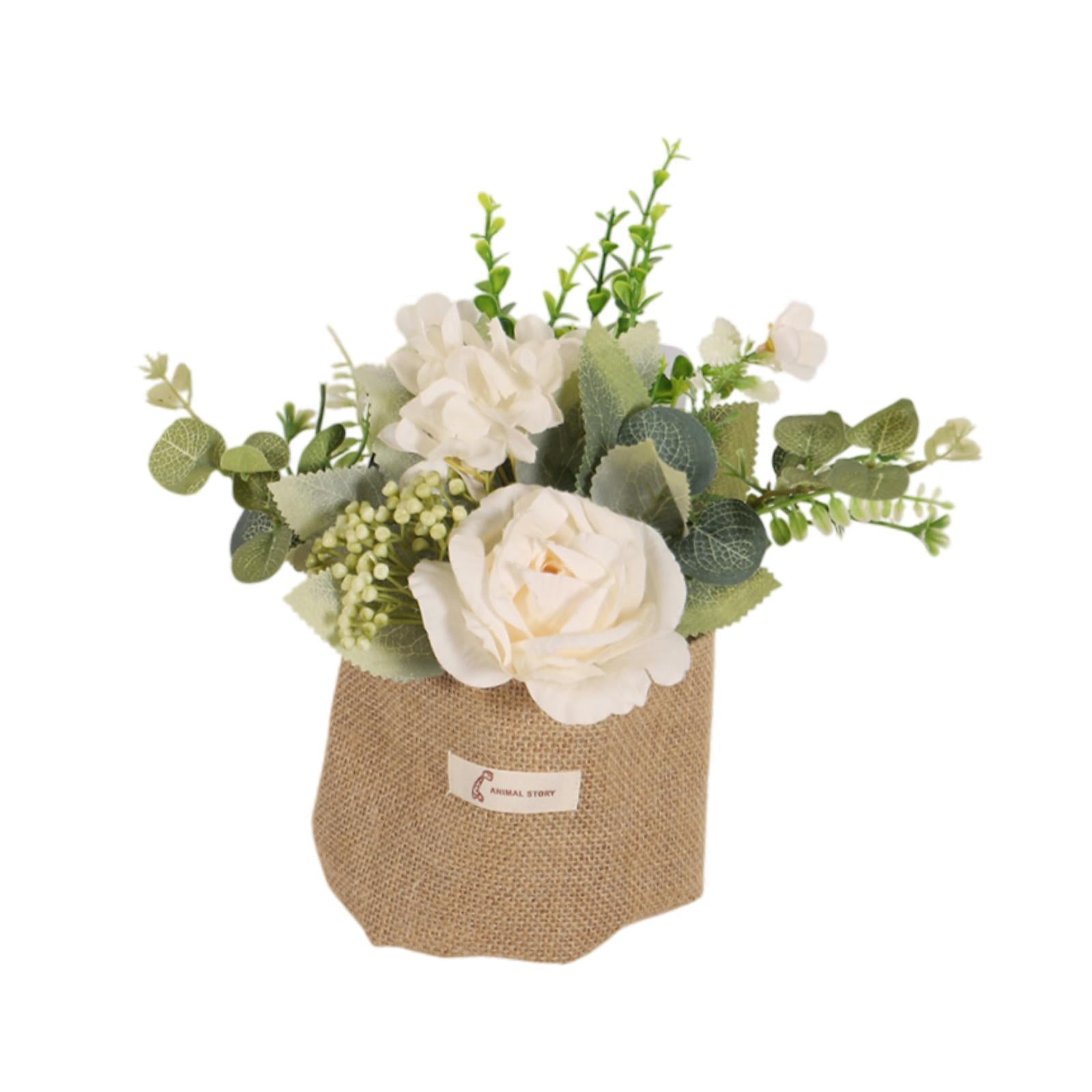 Artificial Hanging Flower with A Burlap Bag Vase Dining Room Simulation Rose White