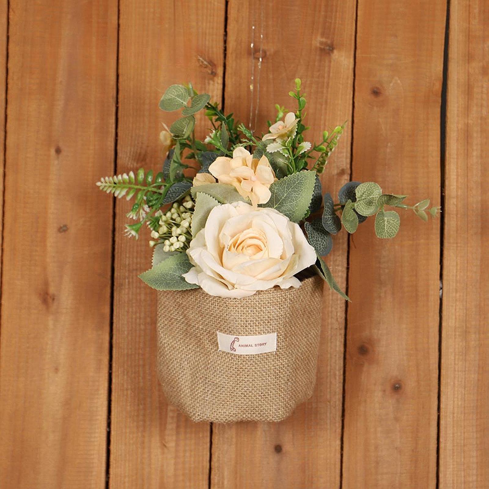 Artificial Hanging Flower with A Burlap Bag Vase Dining Room Simulation Rose Champagne